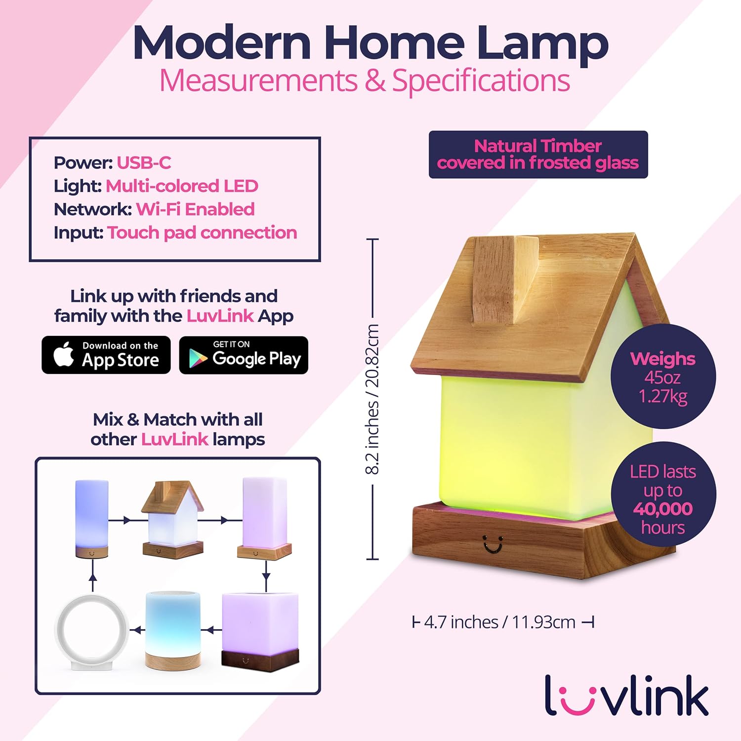 LuvLink Home Friendship Lamp v2 Extended WiFi Range - Bluetooth Setup - Wood & Glass Design (Single, Natural)