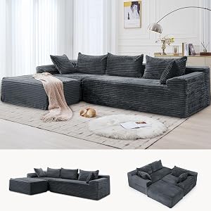Canapés sectionnels Korser de 108 po pour salon, canapé sectionnel modulaire avec chaise longue en L, canapé nuageux, canapé en velours côtelé moelleux avec assise profonde et poches latérales, sans assemblage requis