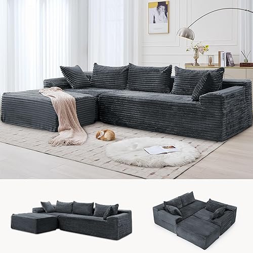 Korser 110" Sectional Couches for Living Room, Modular Sectional Sofa with L-Shape Chaise, Cloud Couch, Comfy Corduroy Fluffy Couch with Deep Seat and Side Pockets (Charcoal Grey)