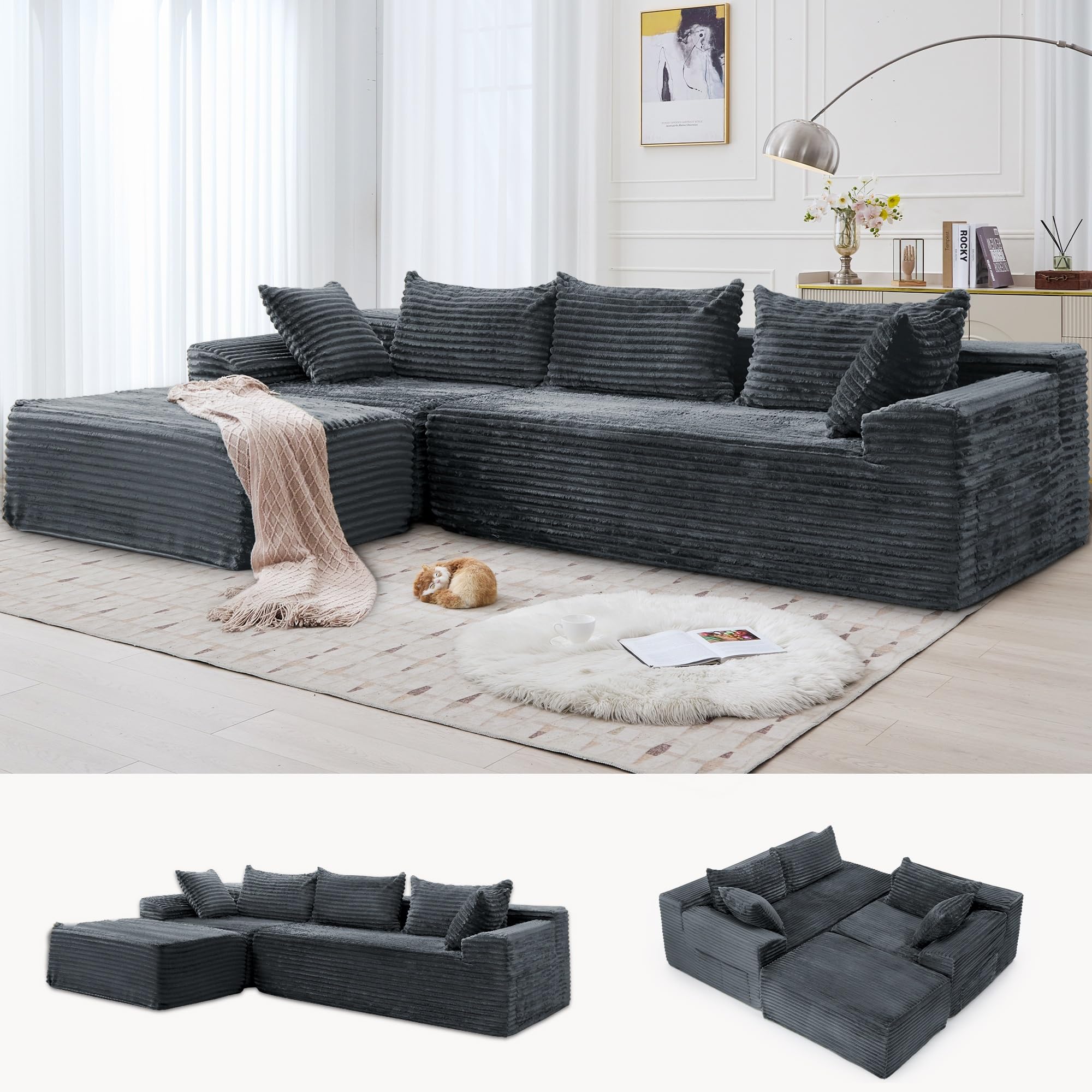 108" Sectional Couches for Living Room, Modular Sectional Sofa with L-Shape Chaise, Cloud Couch, Comfy Corduroy Fluffy Couch with Deep Seat and Side Pockets, No Assembly Required Charcoal Grey