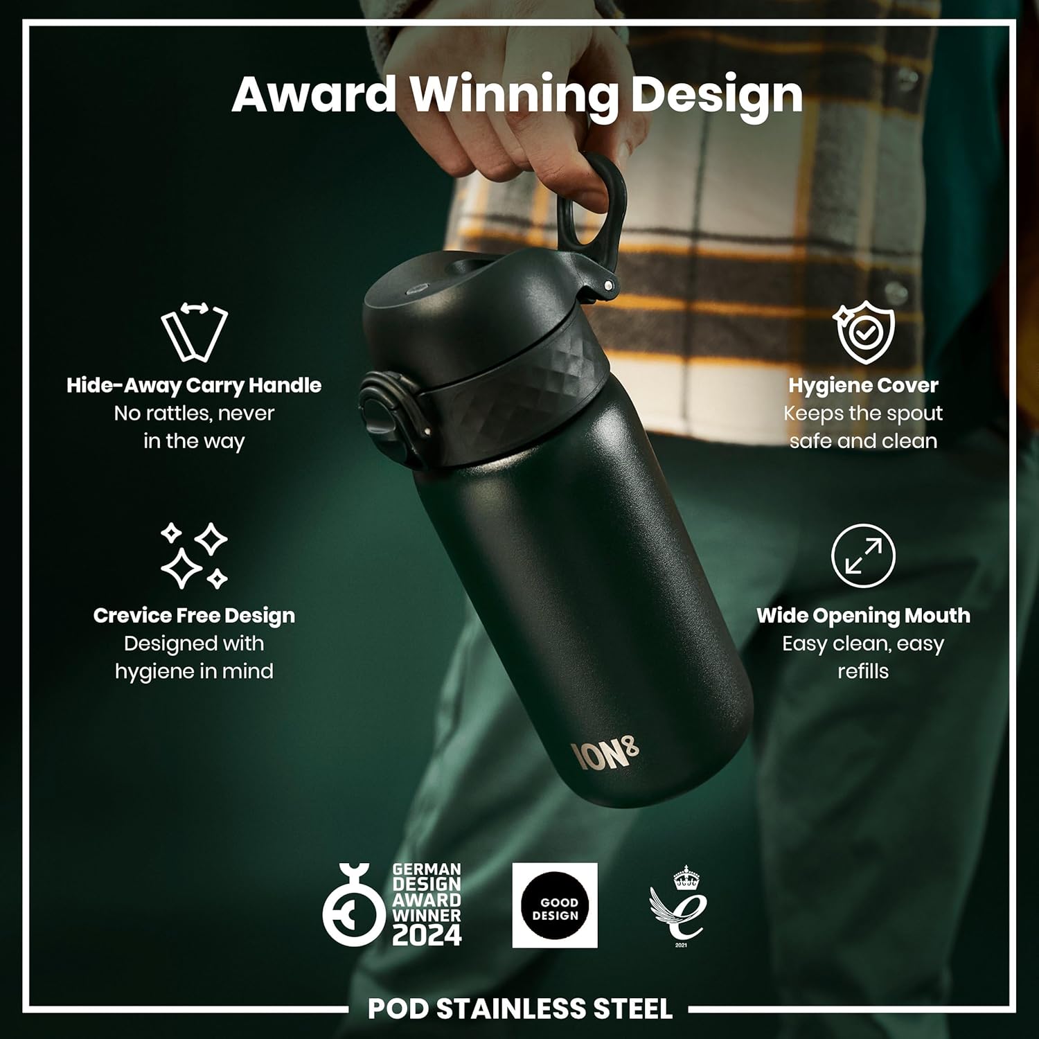 Ion8 Kids Water Bottle, Steel 400 ml/13 oz, Leak Proof, Easy to Open, Secure Lock, Dishwasher Safe, Flip Cover, Carry Handle, Easy Clean, Durable, Scratch Resistant, Carbon Neutral, Dark Green