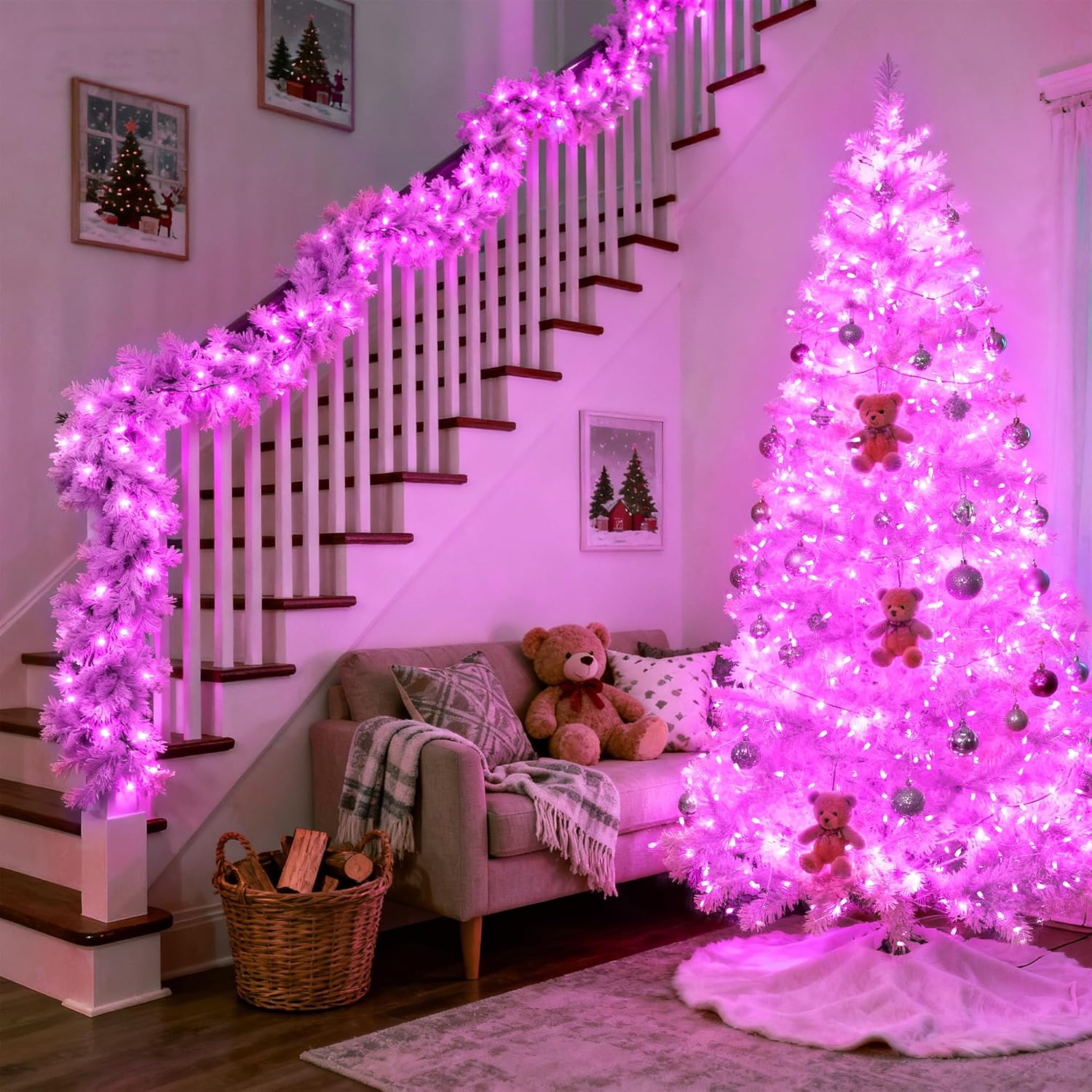 JMEXSUSS 500 LED Pink Christmas Lights, 8 Modes 163ft Waterproof Pink Room Lights Outdoor Plug in with Remote Control, Clear Wire String Light for Tree Outside Yard Wedding