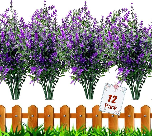 HBell 12 Bundles Outdoor Artificial Flowers UV Resistant Fake Boxwood Plants, Faux Plastic Greenery for Indoor Outside Hanging Plants Garden Porch Window Box Home Wedding Farmhouse Decor (Purple)