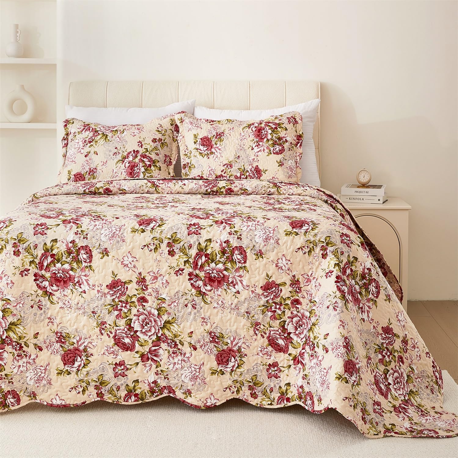 Cmfshape Summer Floral Queen Quilted Bedspread,Romantic Red Quilt Set,Reversible Stitched Bedding Cover All Season,Soft Lightweight Coverlet with Pillow Cases (Red Rose, Queen(90"x90")) - Image 2