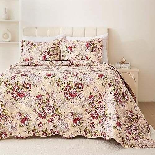 Miniatura 2 de Cmfshape Colcha acolchada floral de verano, juego de edredón rojo romántico, funda de cama reversible cosida para todas las estaciones, colcha suave