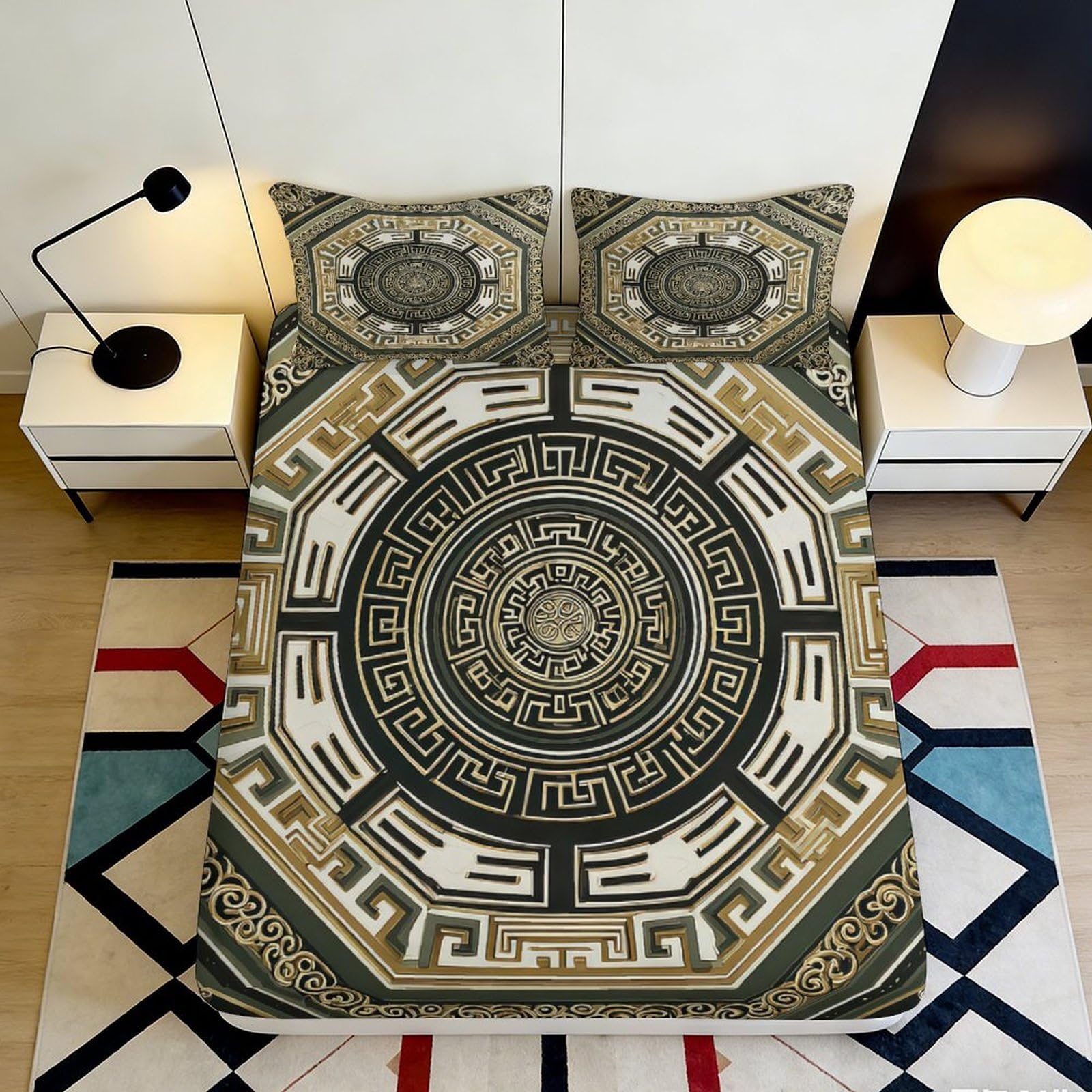 Pnayamiorkfel Style-4 3D Printed Ancient Mandala Fitted Sheet Microfiber Soft Breathable Geometric Maze Bed Cover For Bedroom Decor Mattress Protection 90X200x25cm