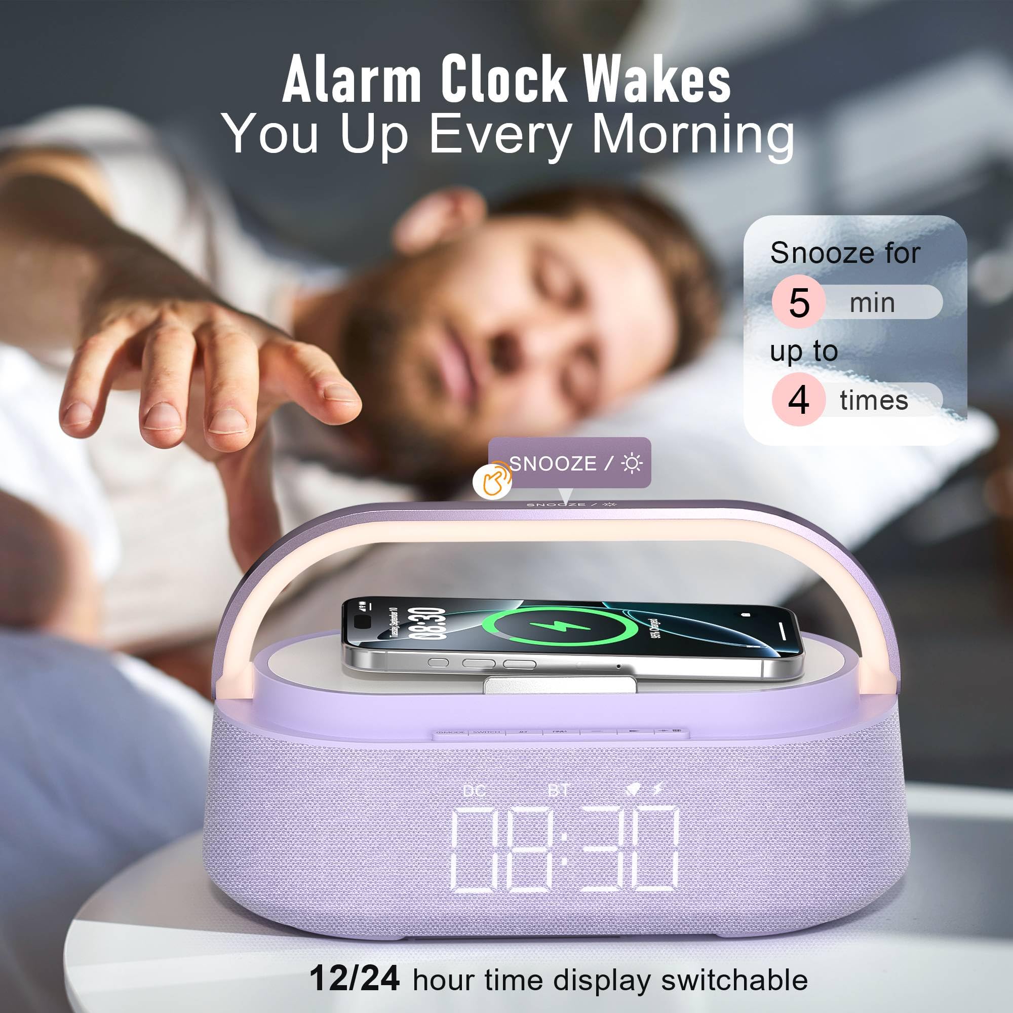 FREEFISH Bluetooth Speaker with Wireless Charger, FM Radio, Dimmer Night Light, Phone Holder, Wireless Charging Speakers for iPhone Samsung AirPods, Bedrooms Home Office Gifts