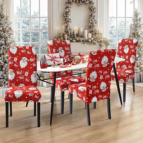Miniatura 2 de SearchI Juego de 4 fundas elásticas para sillas de comedor de Navidad, fundas elásticas para sillas Parsons, protector de asiento lavable, de