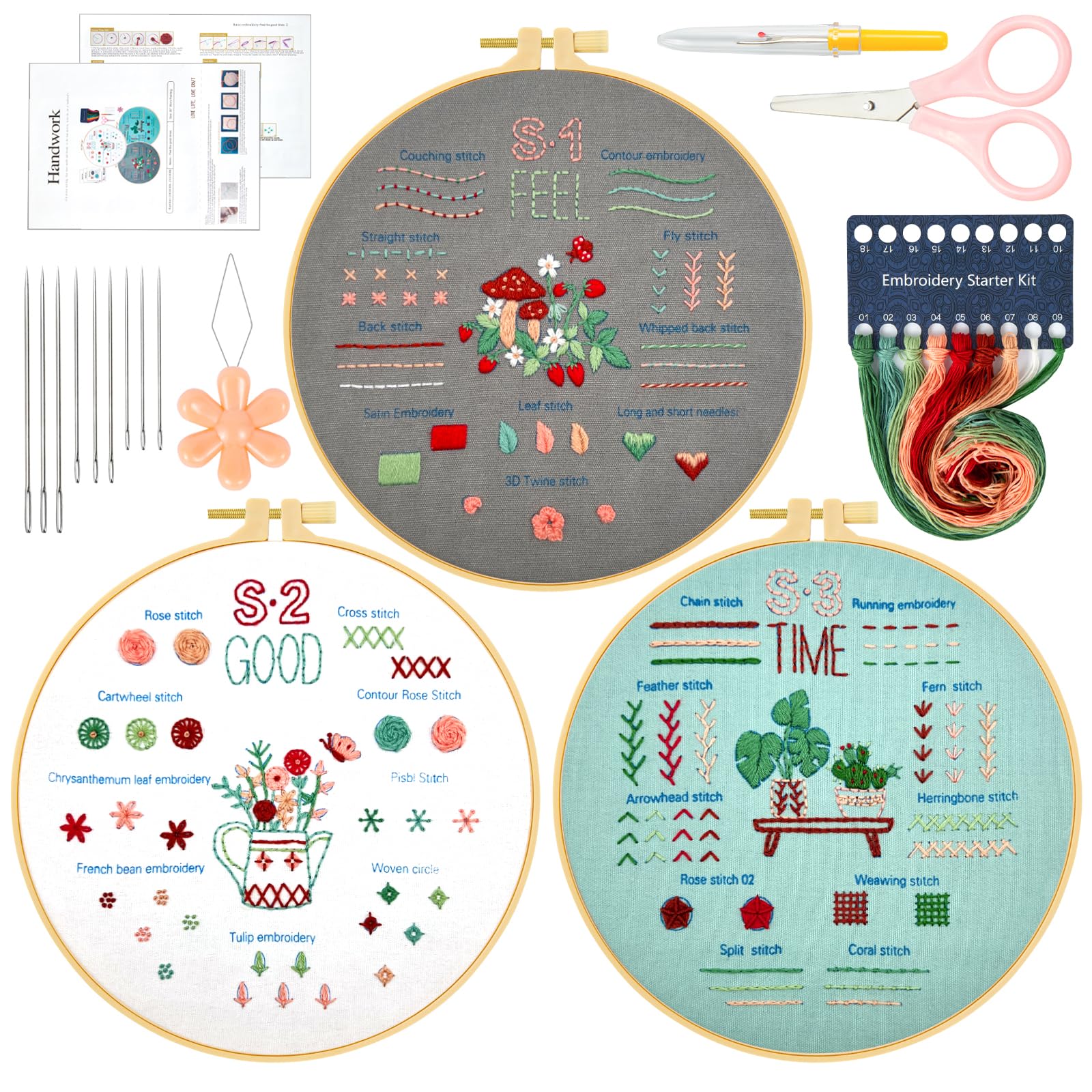 Embroidery Kit for Beginners - 3 Sets, Hoop Included -10 Embroidery Kit for Beginners - 3 Sets, Hoop Included -10