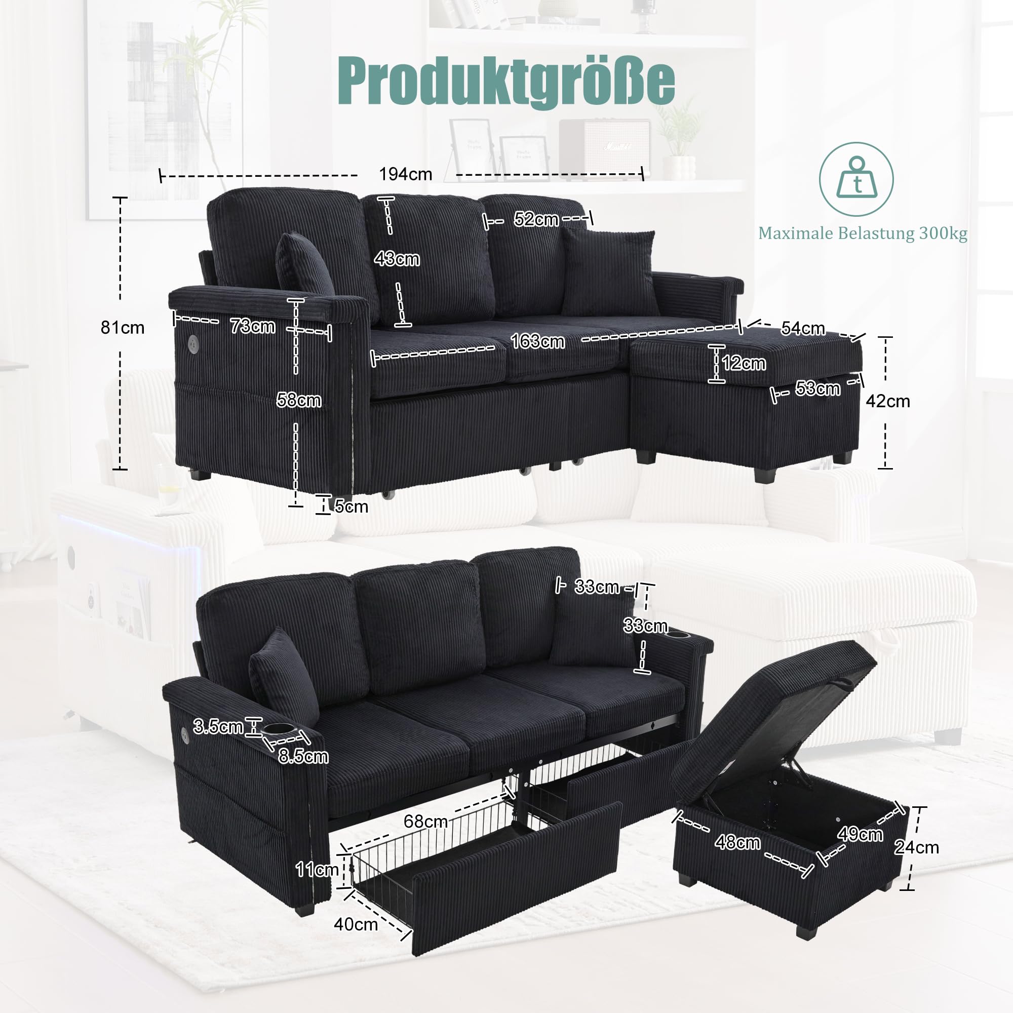 Modulares Ecksofa aus Cordstoff, Sofa mit Schlaffunktion, Couch mit LED-Beleuchtung & USB-C-Port, inklusive Stauraum-Fußteil, praktischen Getränkehaltern und Seitentaschen, Schwarz