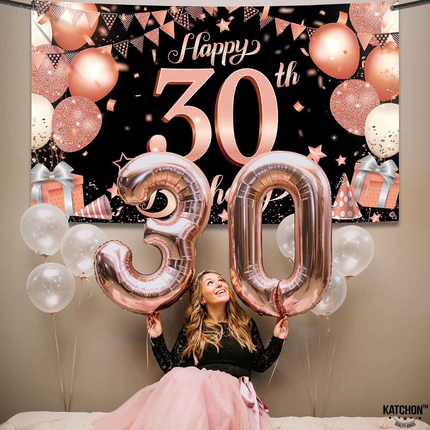 KatchOn, Rose Gold 30th Birthday Banner - XtraLarge, 72x44 Inch | Happy 30th Birthday Backdrop, Rose Gold and Black 30 Birthday Decorations | 30 Birthday Decorations for Women