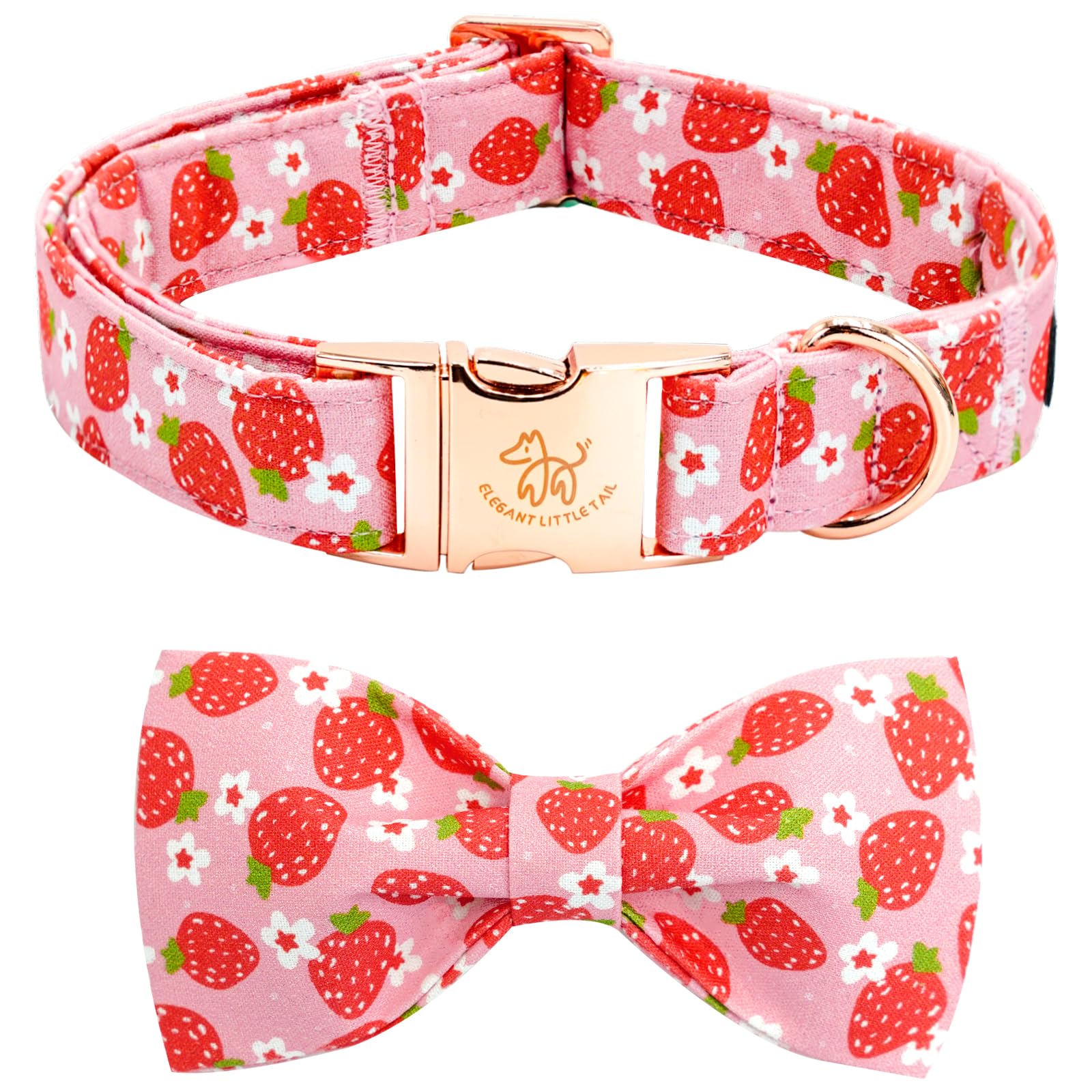 Elegant Little Tail Spring Dog Collar with Strawberry Print Cotton Soft Floral Collar for Small Dogs