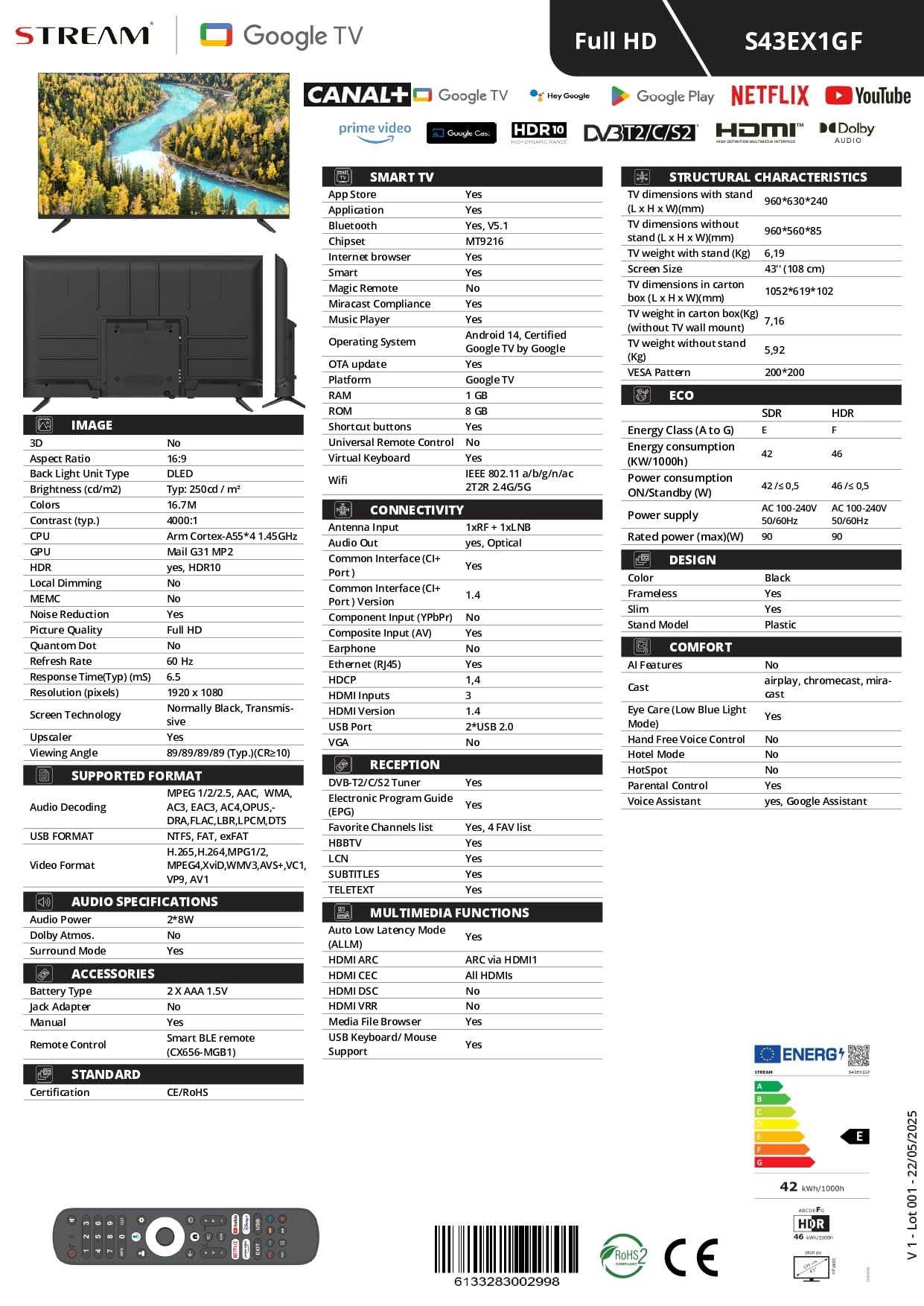 Stream System - Google TV Smart 43", 5 Años de Garantía, FullHD, HDR10, Frameless (Sin Marco), Asistente de Google y Chromecast Integrado - Modelo S43EX1GF (2026)