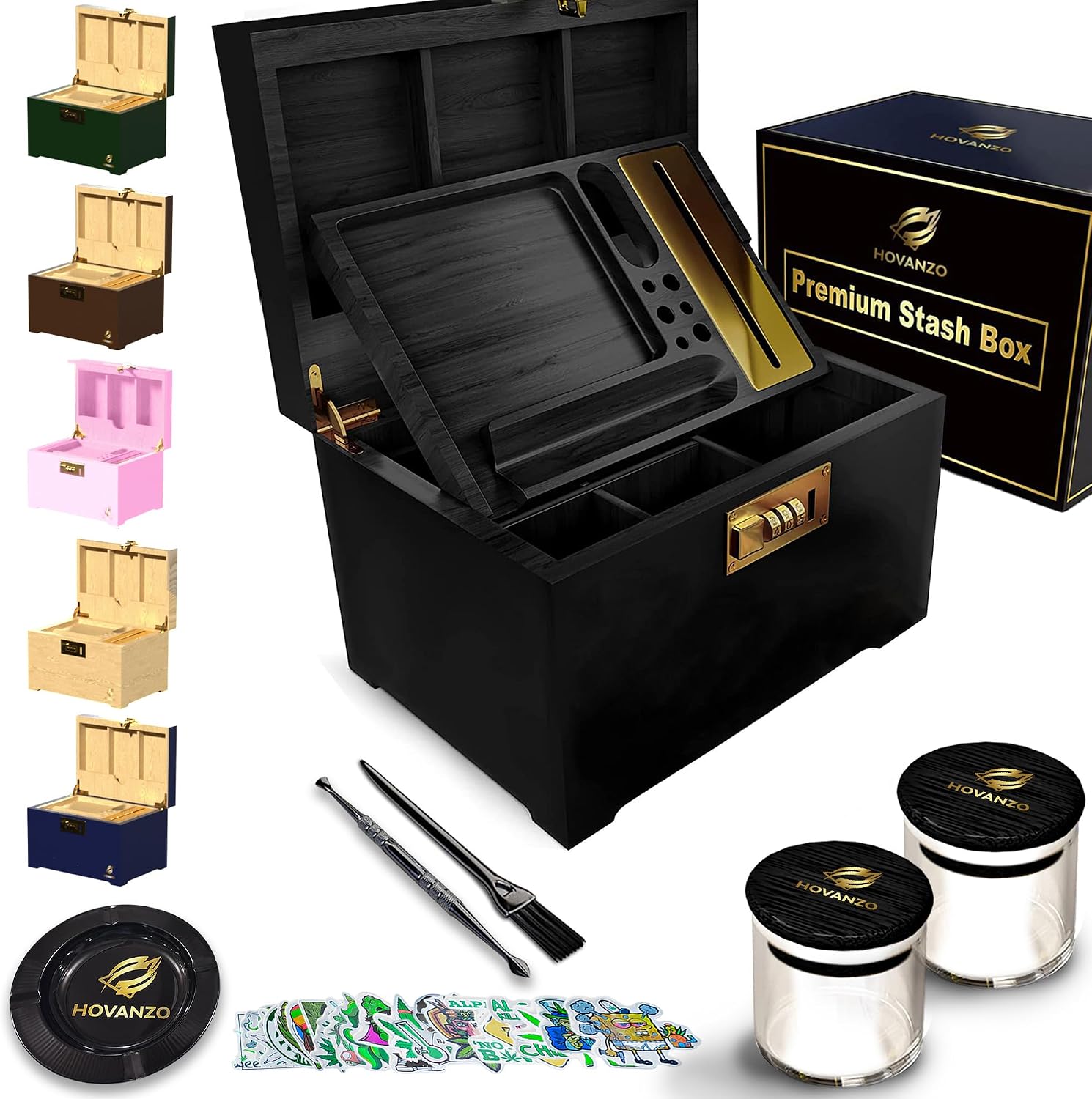 Premium Large Stash Box - Storage Box Wooden Smell Proof Locking Storage Box with Rolling Tray - Storage Wood Box for Herbs and Accessories - Storage Box Set with Combination Lock-U.S. Patent Pending