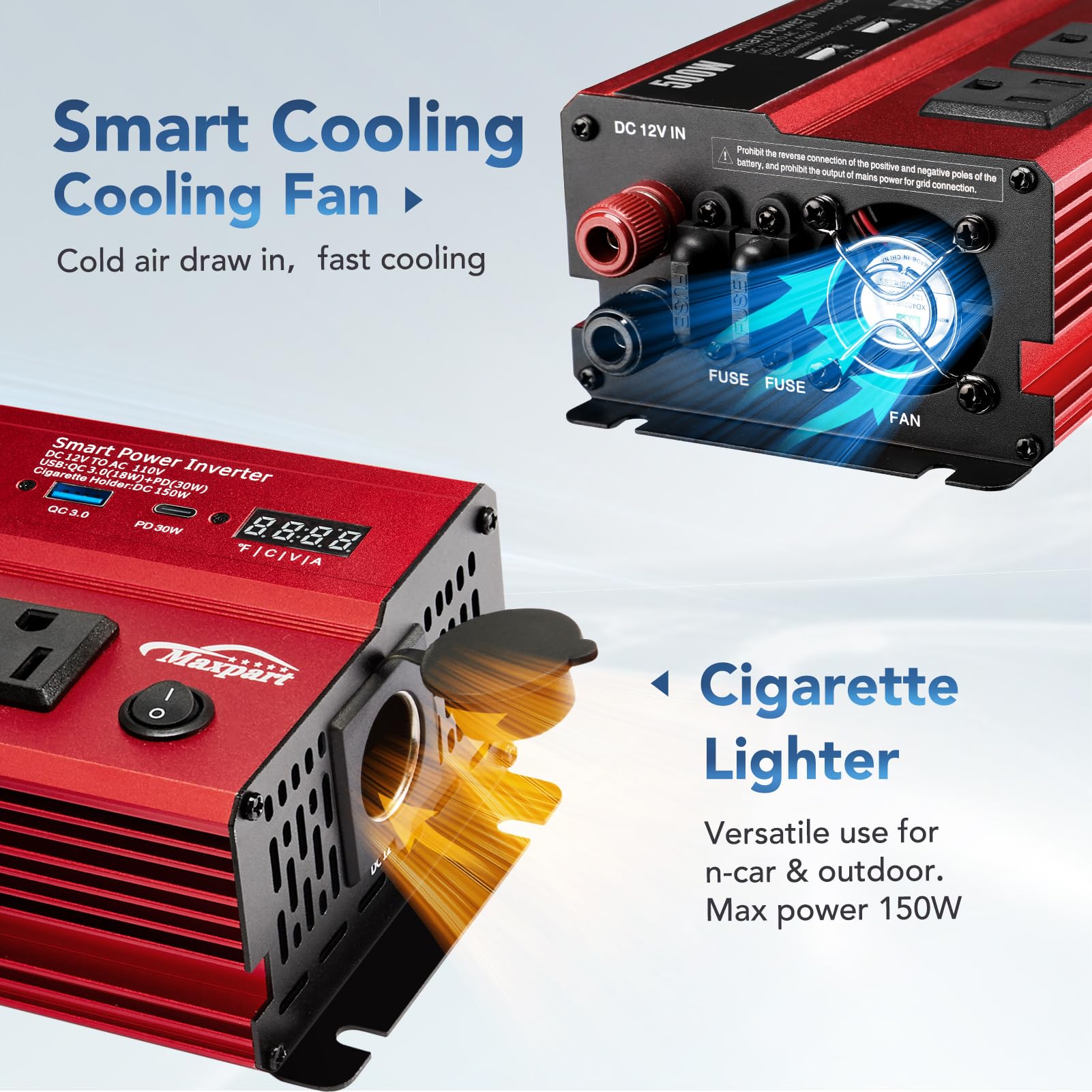 500W Power Inverter, Car/Light Truck 12V DC to 110V AC Converter USB and 3.0A USB and Type-C Ports Car Charger Inverter with Cigarette Lighter Ports