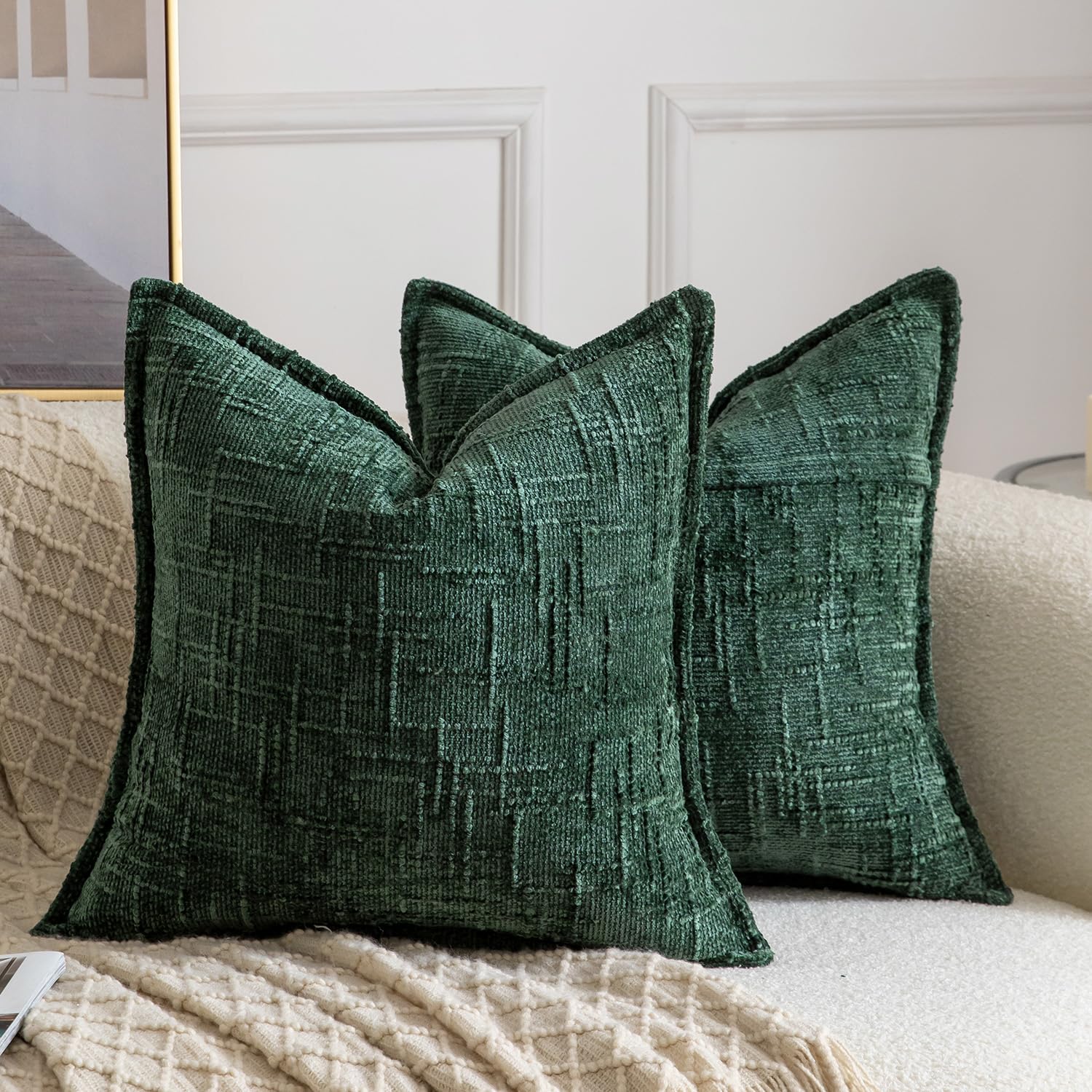Madizz Decorative Chenille Cushion Covers 60x60 cm Green Pack of 2 Throw Pillows for Couch Sofa Boho Accent Pillow Cases for Bed Cushion for Bedroom Living Room Modern Home Decor