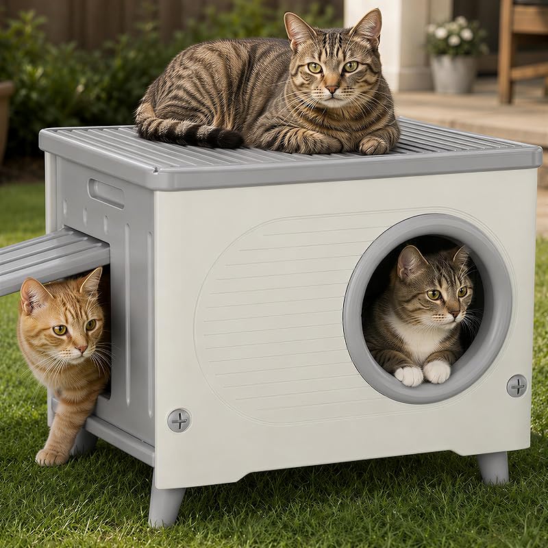 Casa para Gatos para Área Externa em Plástico com Duas Portas e Pés Elevados ichofun, Extra Grande