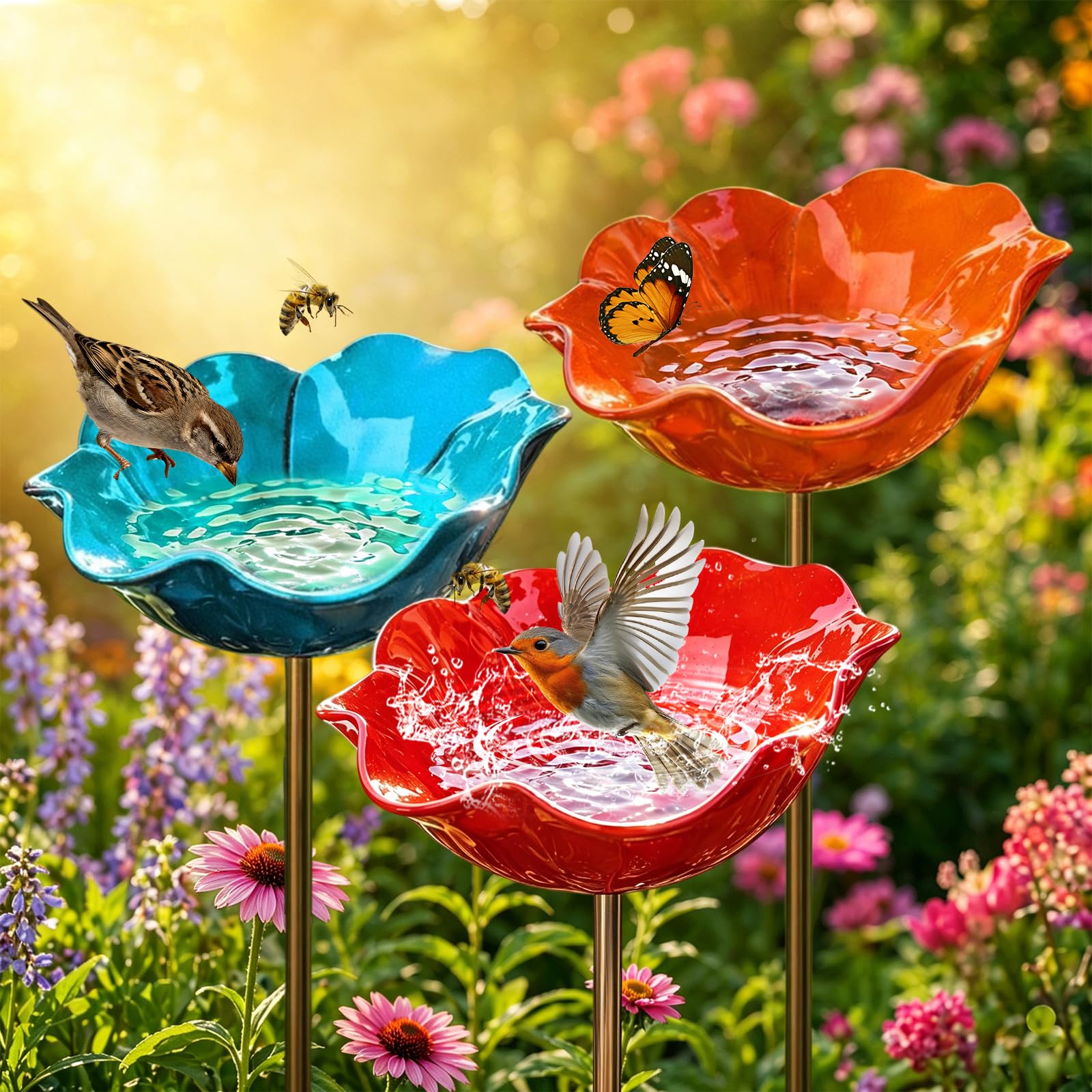 3 Stück Metall Vogeltränke, Blumenform Bienentränke, Gartenstecker Bunt, Vogeltränke Winterfest für Rasen, Beet und Terrasse, Insektentränke für Bienen und Schmetterlinge, Rot, Blau, Orange