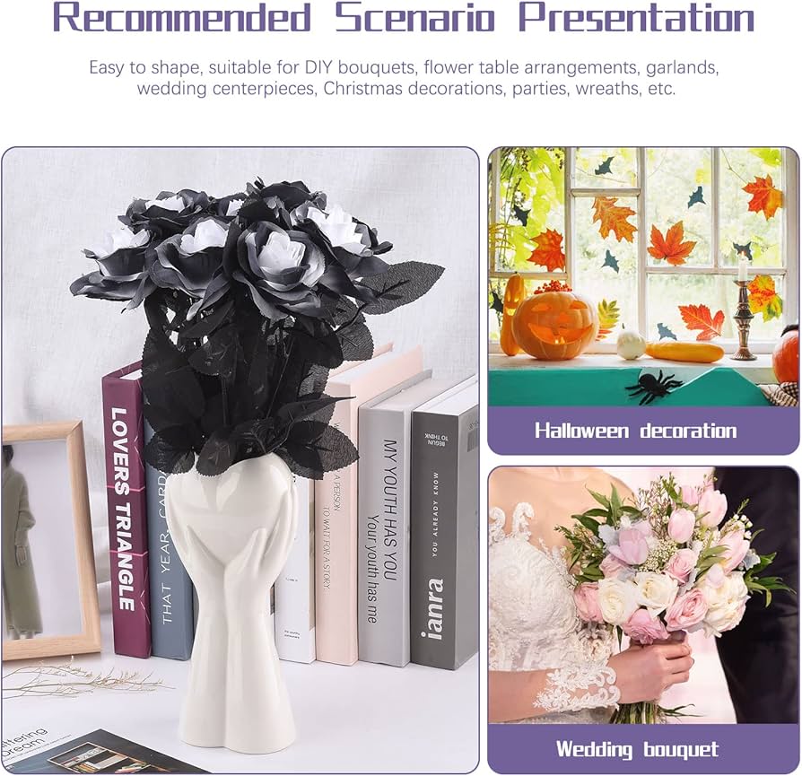 Amazon.co.jp: 10個の黒と白のバラの造花、40cmの黒のバラの