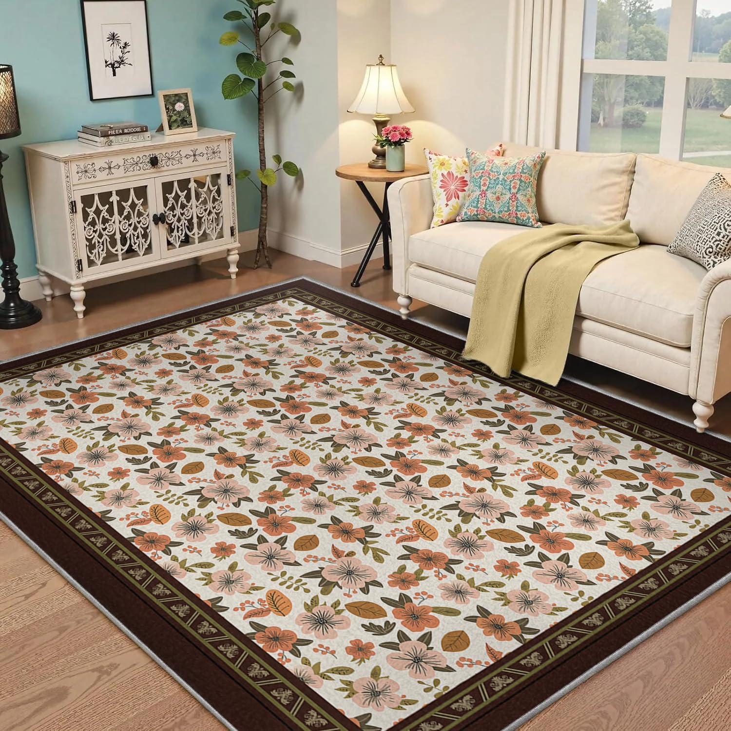 Tapis d’entrée floraux crème 140x200cm lavable à bordure brune