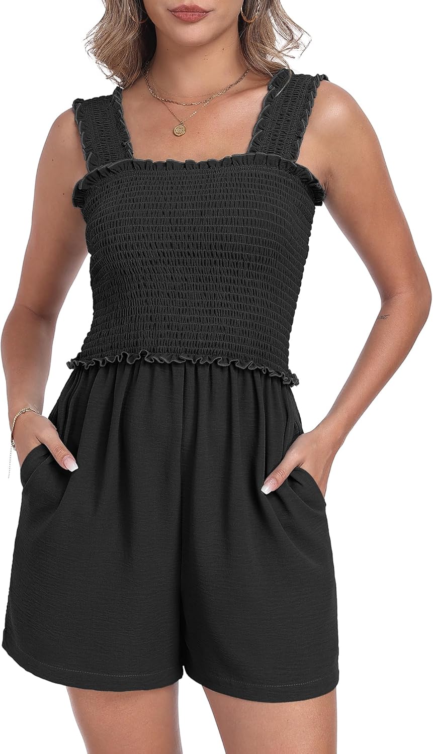 QIXING Women's Summer Casual Rompers Dressy Smocked Loose Comfy Short Jumpsuits Vacation Outfits With Pockets