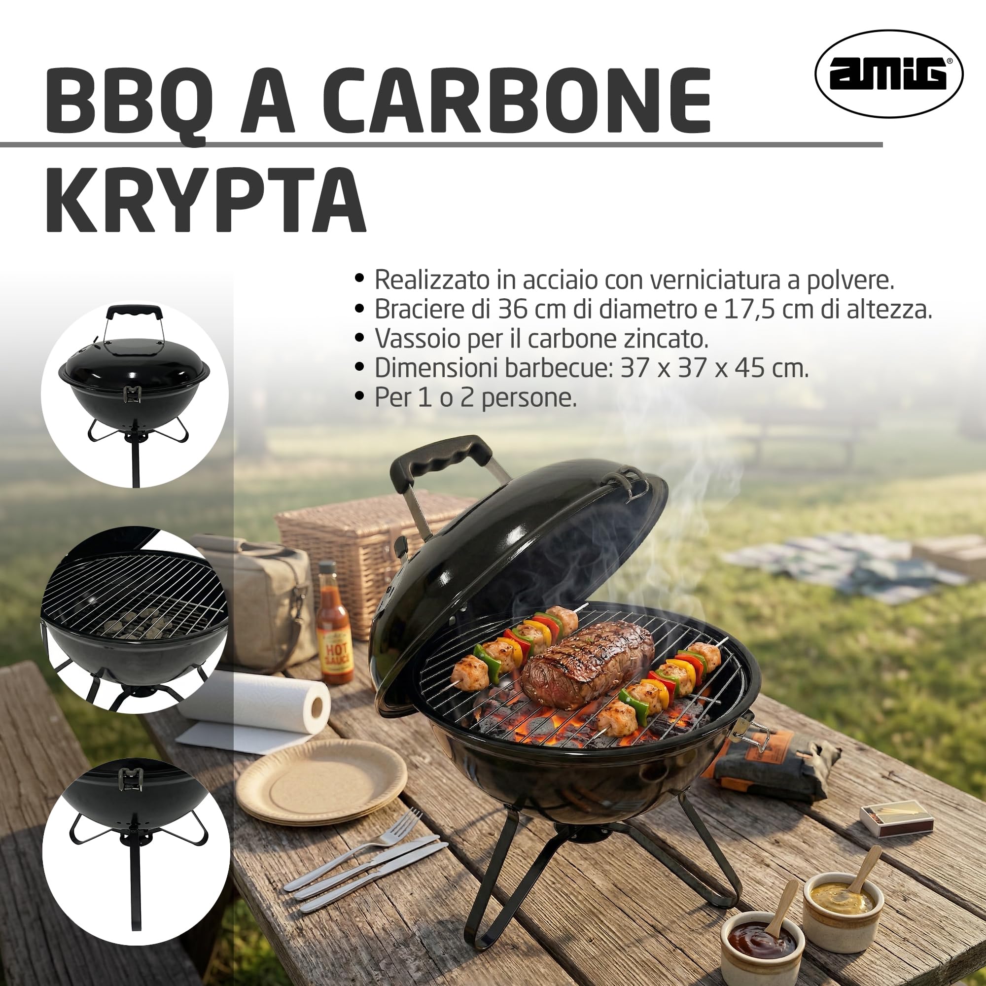 Amig - Barbecue a carbone - 37 x 37 x 45 cm - Nero - Fabbricato in Acciaio - Giardino e Patio. Mod. KRYPTA