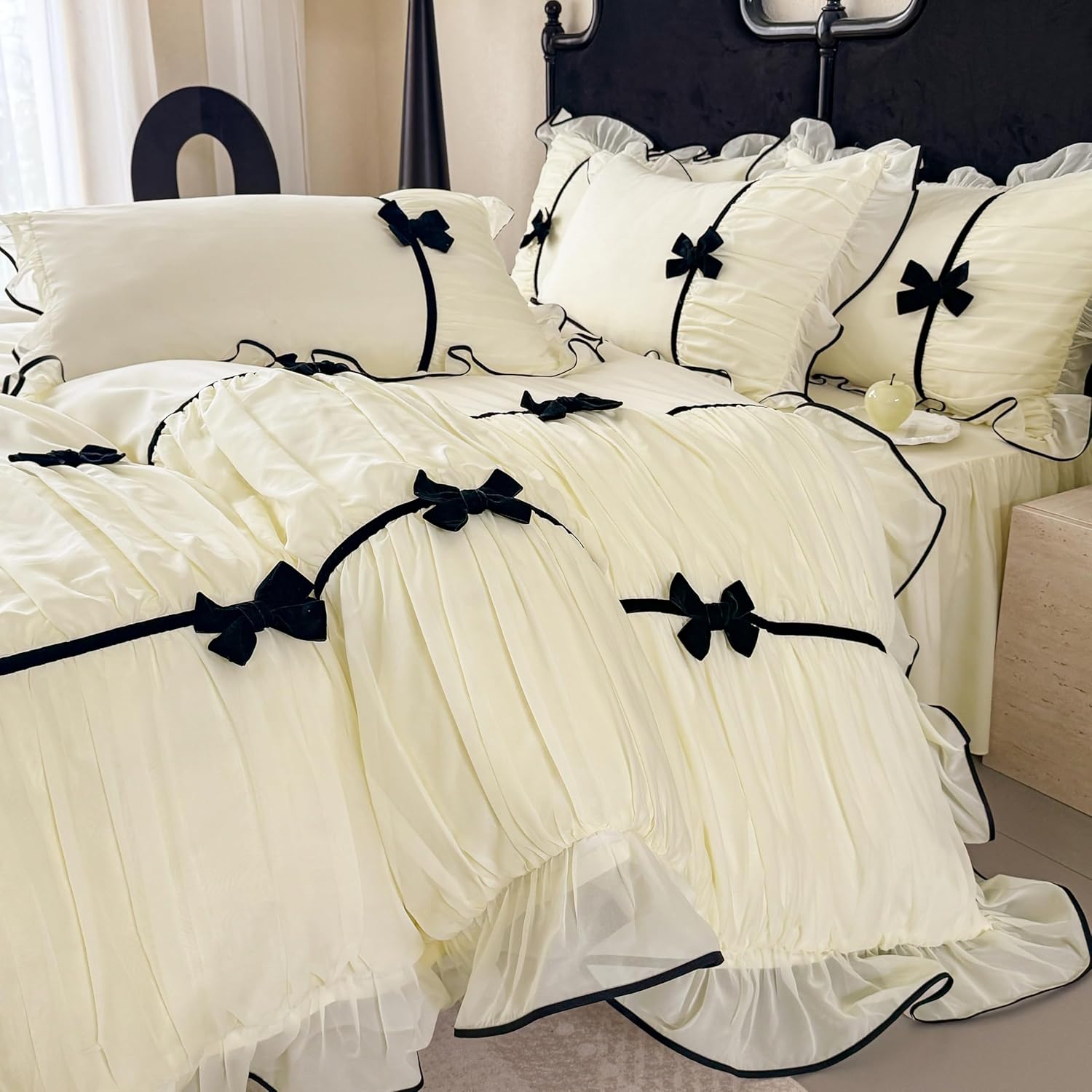 Ruffle Beddding Set with Bowtie,Girls Lace Bedding,Full Comforter Cover Set, Chic Ruffled Duvet Cover with Lovely Bow,Princess Style 1 Duvet Cover with 2 Pillowcases, No Comforter