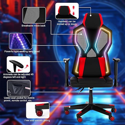 Miniatura 4 de Frassie Silla de juegos con luces LED RGB, silla de videojuegos ergonómica para computadora con soporte lumbar de masaje (rojo)