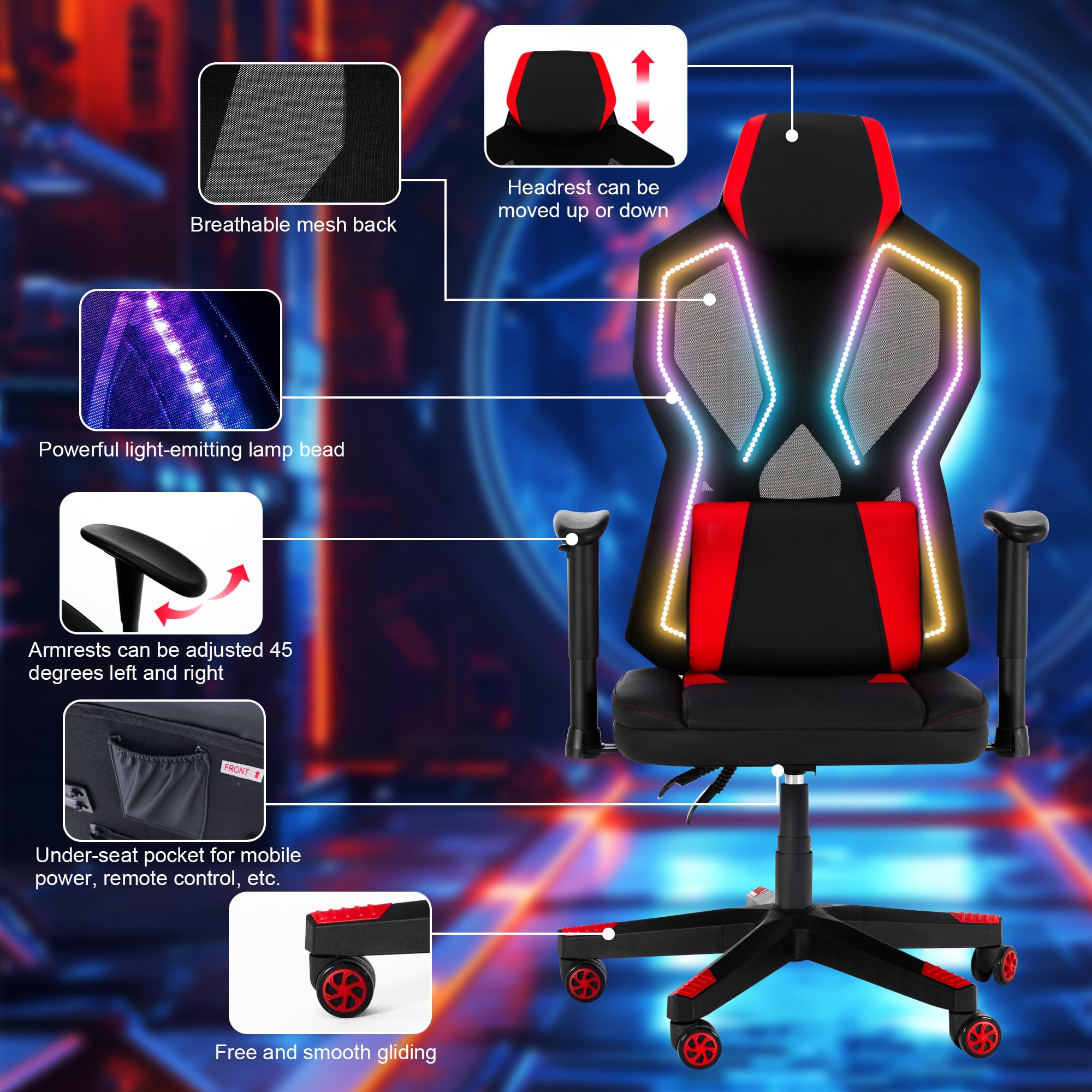 Silla de juegos con luces LED RGB, silla de videojuegos ergonómica para computadora con soporte lumbar de masaje (rojo) 4