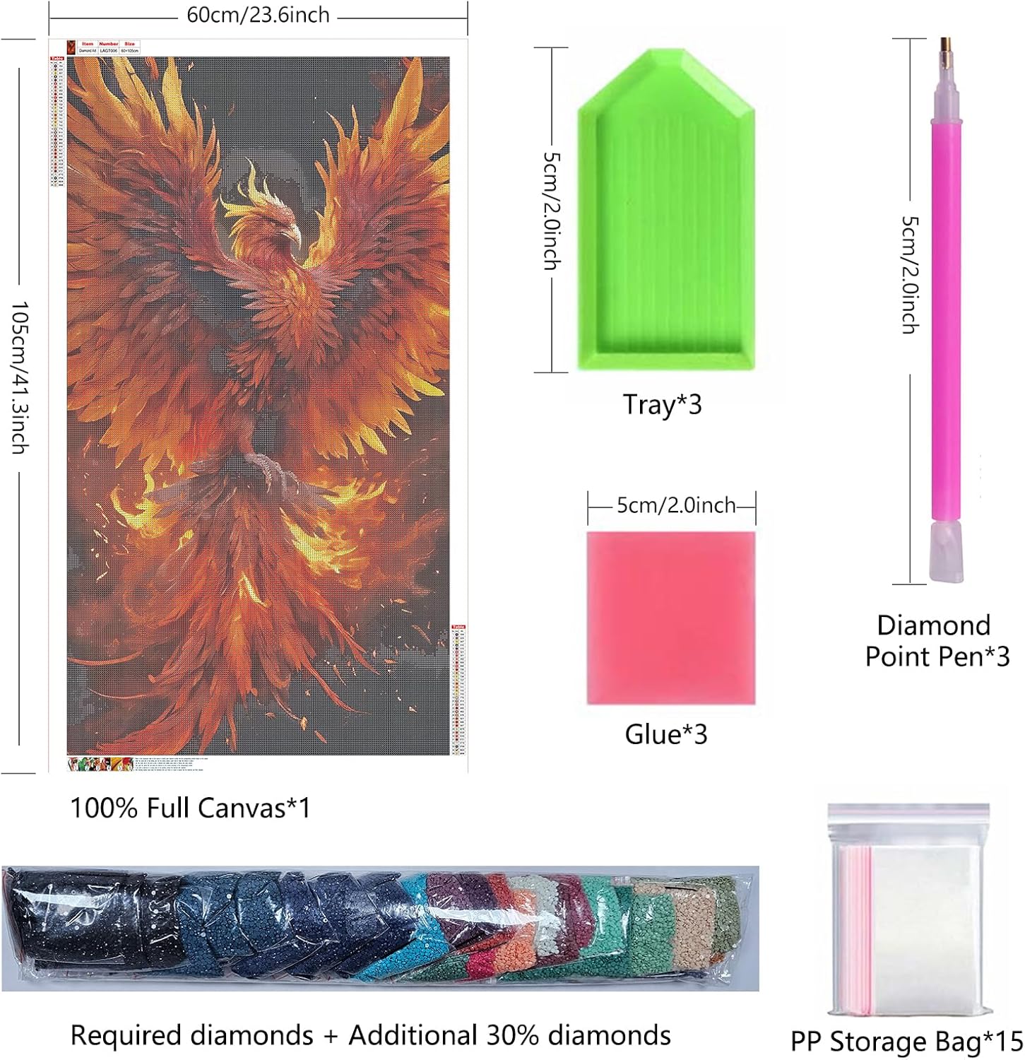 ARTGOTO Extra Large Diamond Art Painting Kits for Adults,23.6x41.3 inches/60x105 cm Phoenix A DIY Full Round Drill Diamond Dots,Extra Large Size for Home Wall Decor Gifts