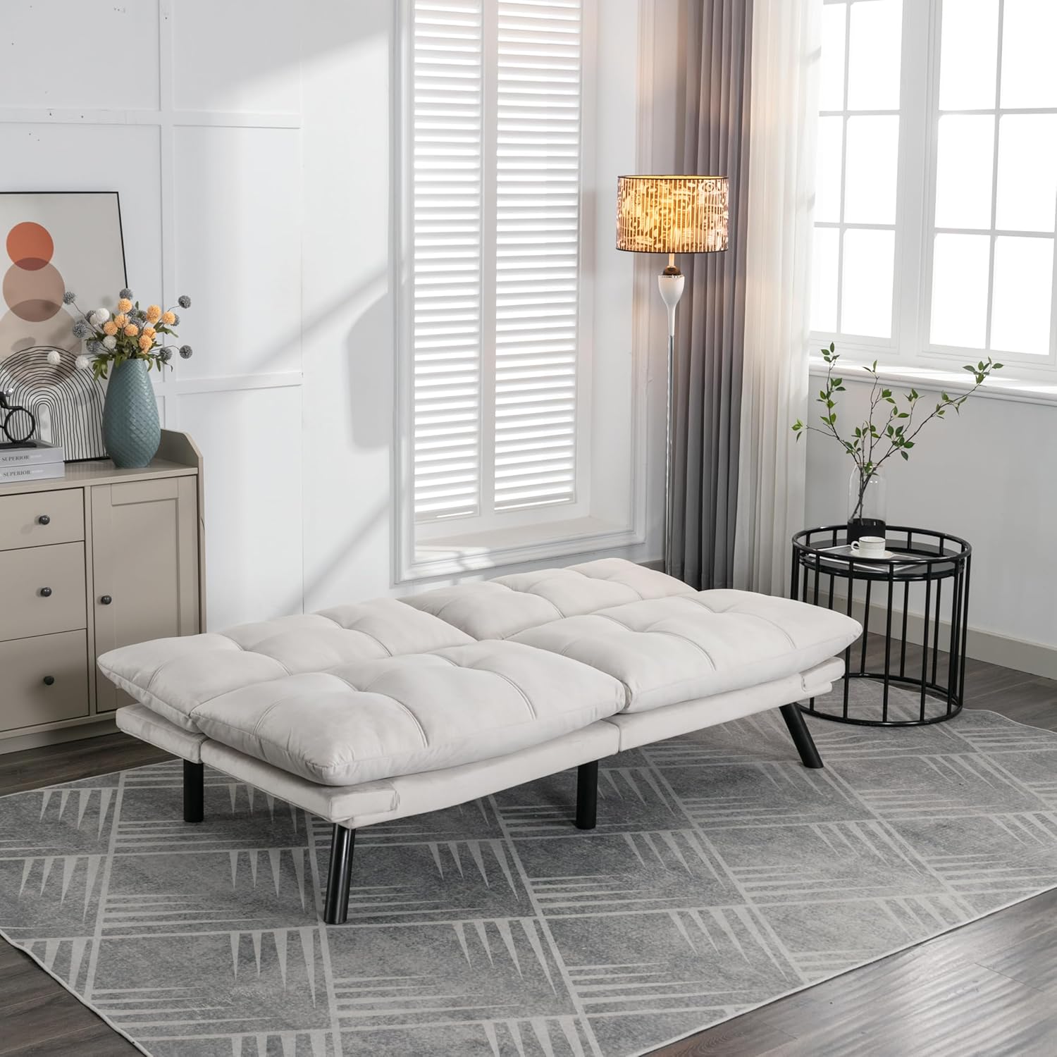 Velvet Futon Convertible Folding Modern Sofa Bed Couch and Loveseat Sets with Adjustable Backrest Living Room Bedroom Office Apartment (Cream)