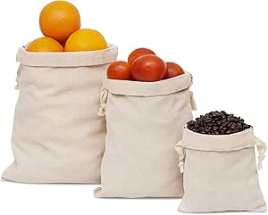 DAILY HOME ESSENTIALS - 12 Pack 100% Cotton Canvas Produce Bags With Drawstring Closure(Assorted - Natural)(4 Large 10"x12",4 Medium 8"x10",4 Small 5"x7") | Grocery Shopping Multipurpose Fabric Storage Sack | Machine Washable Resuable Eco-friendly
