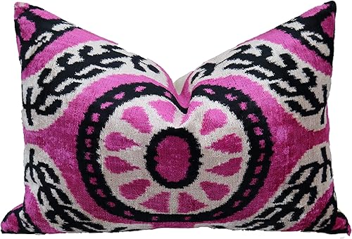 Almohada decorativa hecha a mano con funda de cojín rellena de plumón, color rosa oscuro geométrico, funda de cojín lumbar de seda de terciopelo
