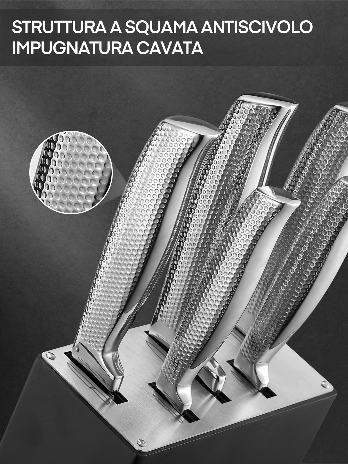 FOHERE Set Coltelli da Cucina Professionale con Tecnologia Avanzata di Affilacoltelli, 7 Pezzi, Coltelli da Cucina in Acciaio Inossidabile, Ceppo Coltello in Legno, Forbici da Cucina