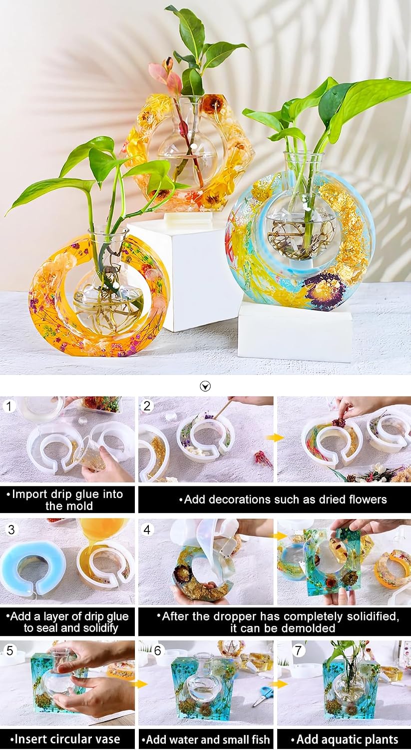 Resin Molds Silicone, 2 Flower Vase Resin Molds +6 Round Vases, Propagation vases for Plants, Compatible with Plaster, Resin, and Cement Crafts，molds for epoxy Resin (Round(2B))