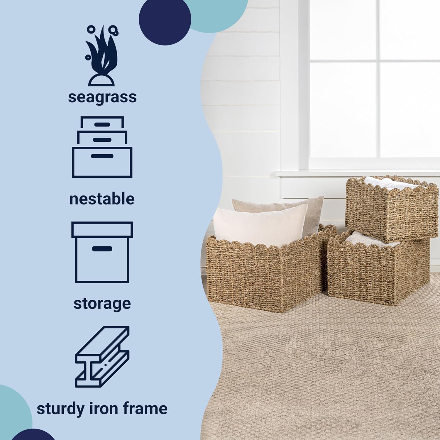 happimess BSK2013A-3SET Arden Coastal Cottage Seagrass Scalloped Rectangular Organizing Wicker Storage Baskets, Natural (Set of 3), Seagrass Containers for Decoration in Living Room, Bedroom