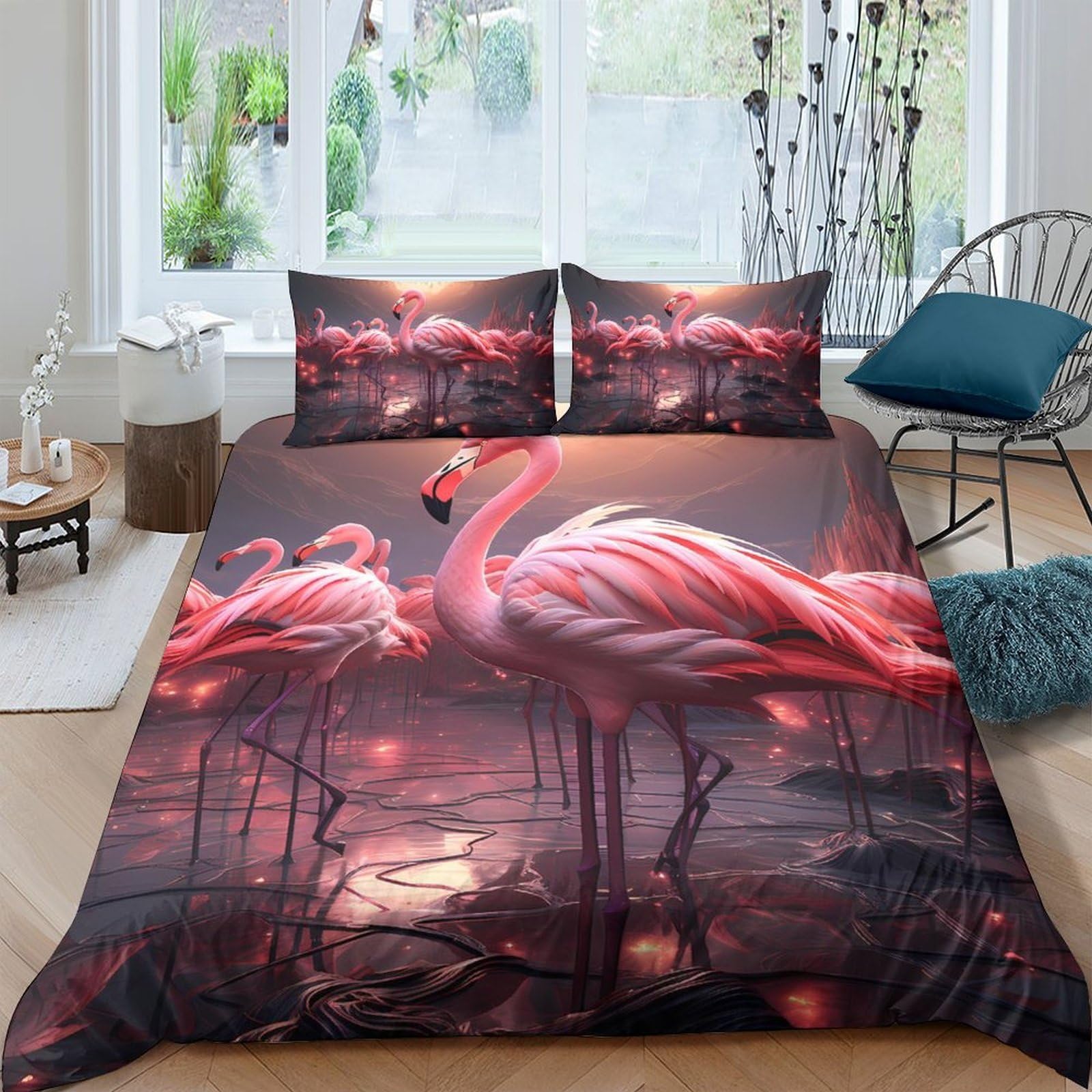 Ctjqhvkz Style-8 3D Printed Pink Flamingo Fitted Sheet Microfiber Soft Bedroom Decor Sunset Lake Mattress Cover Anti-Slip Washable Single（135X200cm）