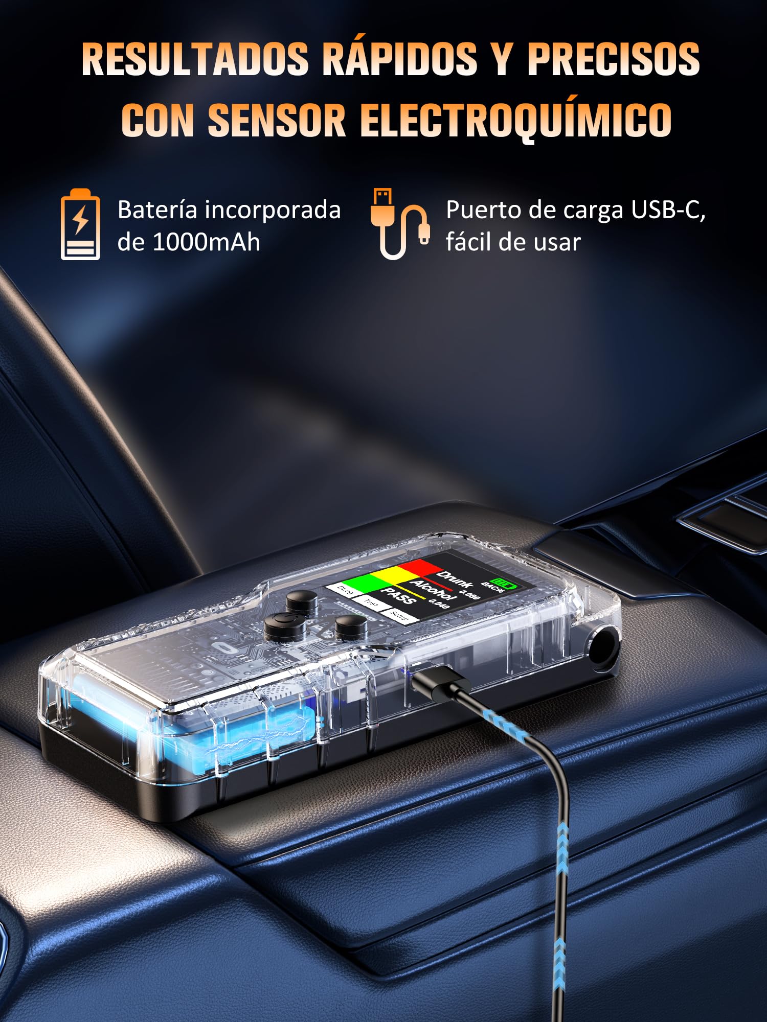 Alcoholimetro Homologado Digital Portátil Profesional: Sensor Electroquímico De Alta Precisión Alcoholemia Test – Alcohol Test Recargable Con Contador y 10 Boquillas Reutilizables Para Uso Personal