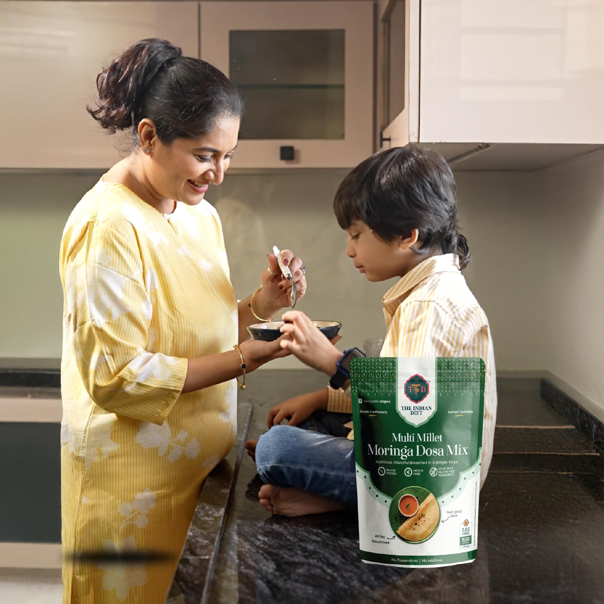 The Indian Diet Multi Millet Instant Moringa Dosa Mix Breakfast | High Fiber, Protein | Pack of (2 × 350 g) | No Palm Oil | Cooks In 3 easy Steps | No Preservatives or Additives 2