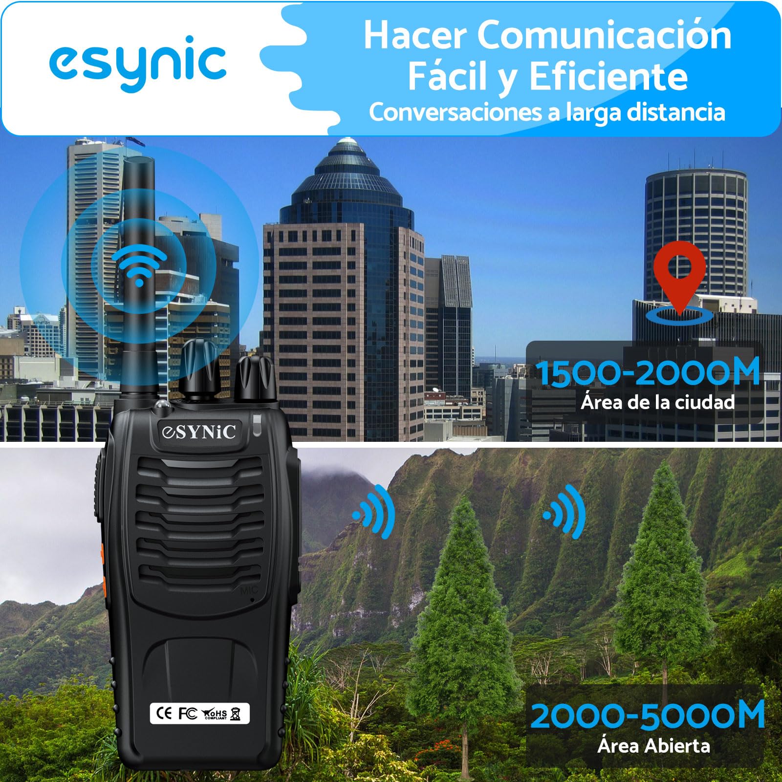 ESYNiC 2 Paia Walkie Talkie Ricaricabile VOX Radio PMR446MHz 0.5W Frequenza Civile Ricetrasmittente Portatile 16 Canali Singola Banda Woki Toki con USB Caricabatterie per Negozi Sopravvivenza Ciclismo - 2