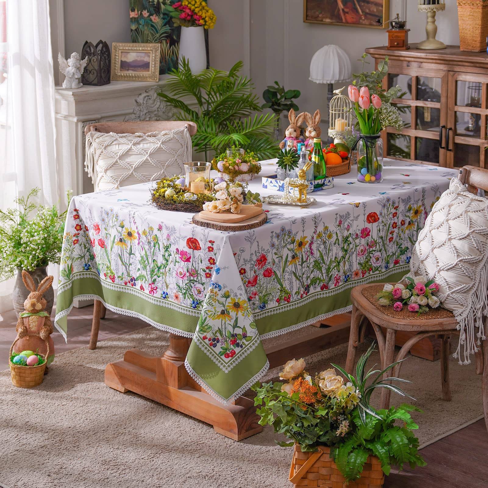 SUTAVIA Mantel Floral de Mariposa, Girasol, Tela Impermeable con Encaje Bordado, Resistente a Las Manchas, decoración para Primavera, Verano, hogar, Comedor, Interior, Exterior, Boda, Picnic