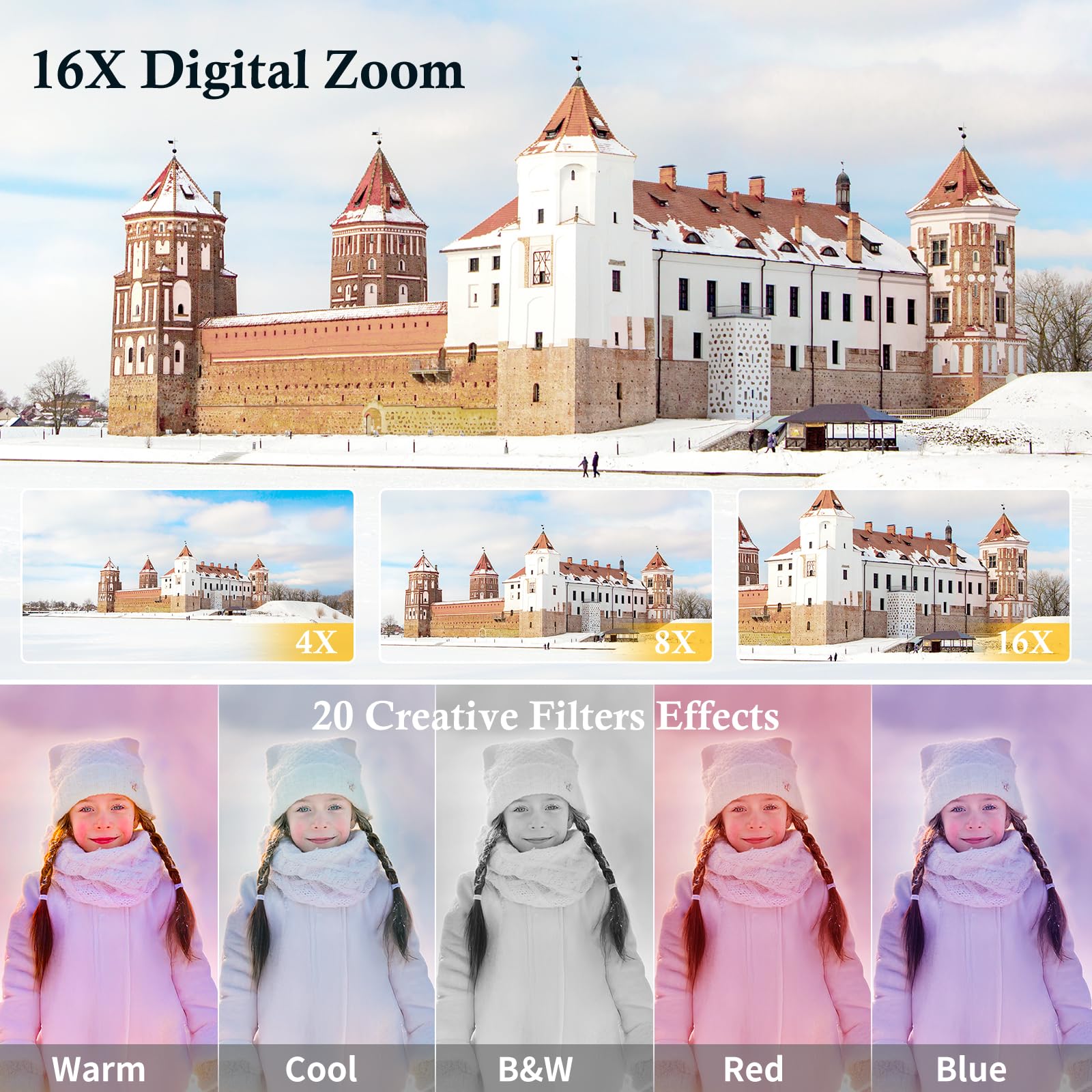 Cámara Digital 4K Ultra HD 48MP, Cámara de Fotos con Doble Lente, Zoom 16X, Tarjeta SD 32GB y 2 Baterías, Cámara Vlogging Portátil para Principiantes