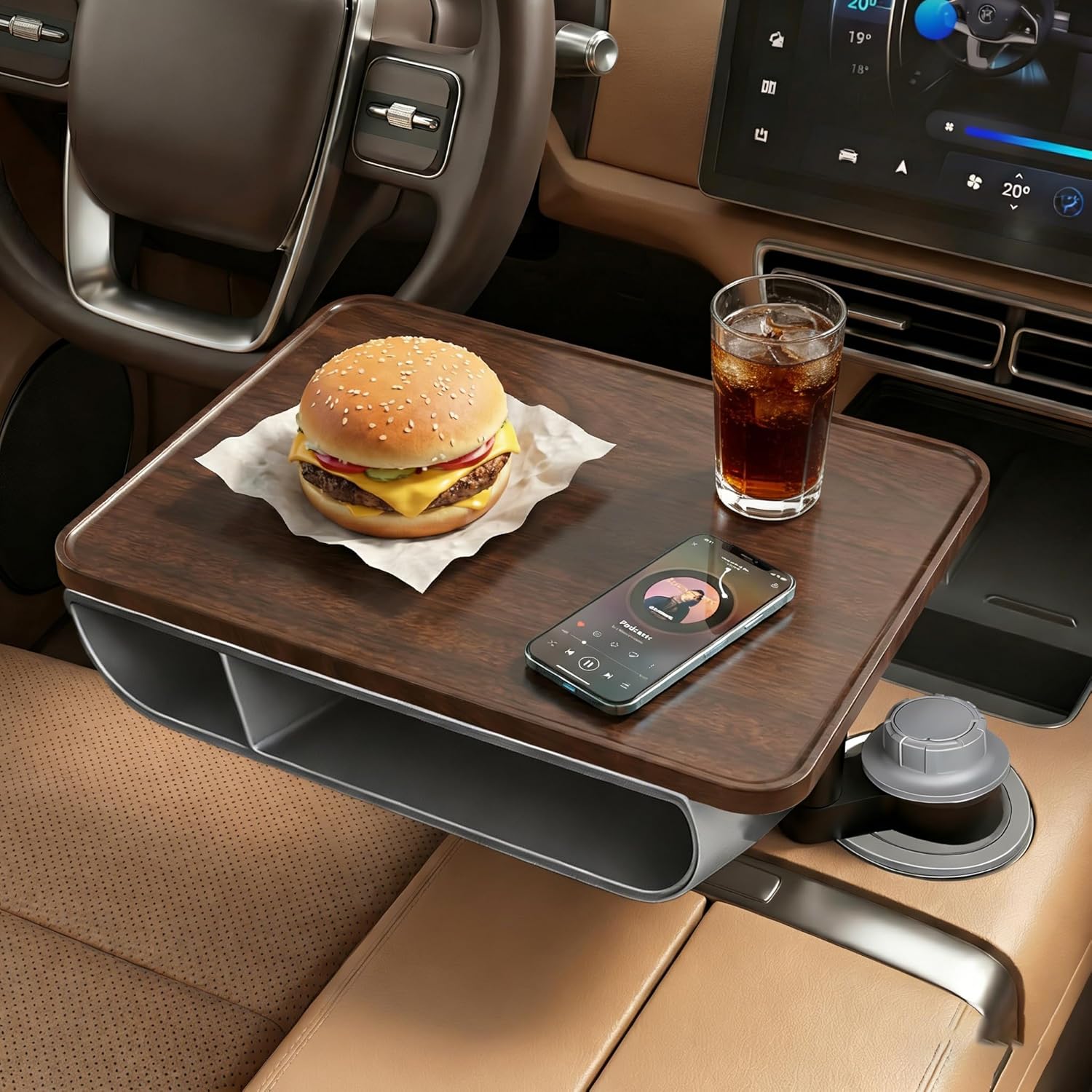 360° Rotating Wood Car Tray – Adjustable Car Desk & Car Table Tray,Cup Holder Mount w/Extension Rod, Organizer Pouch,Storage Bag & Desk Mat,Compatible w/Tesla Model 3/Y/S/X & Most Vehicles