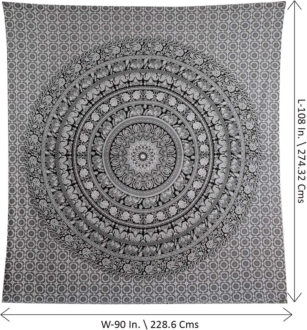 RAJRANG Large King Size Tapestry - Pure Cotton Hippie Tapestries Wall Decor Big Elephant Decorative Boho Room Decoration - Black and White - 90x108 Inches