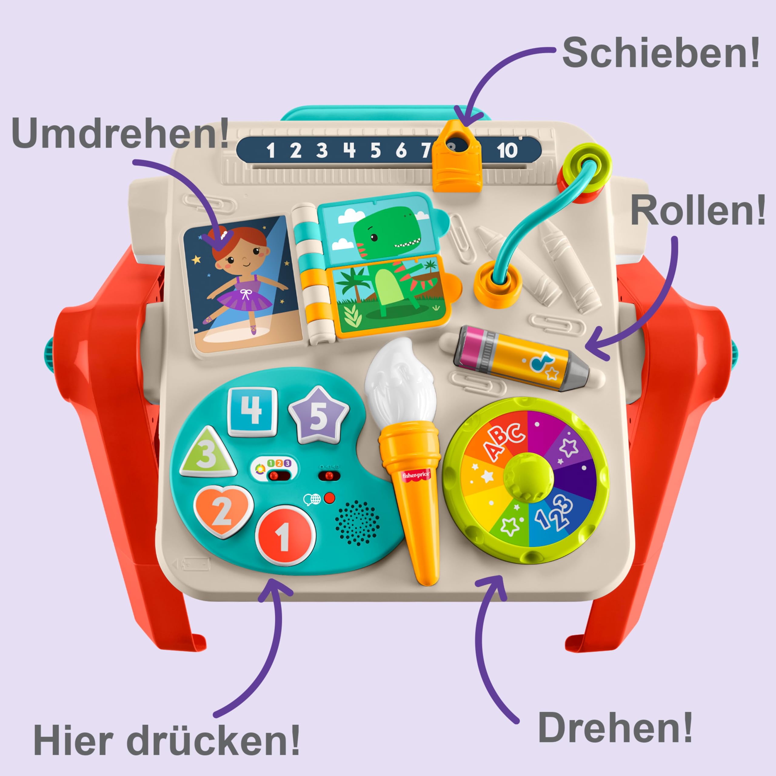 Fisher-Price Lernspaß-Spielzeug für Babys und Kleinkinder, entwicklungsfördernder 4-in-1 Spieltisch und Staffelei mit Musik ab 6 Monaten, mehrsprachige Version, JGW87