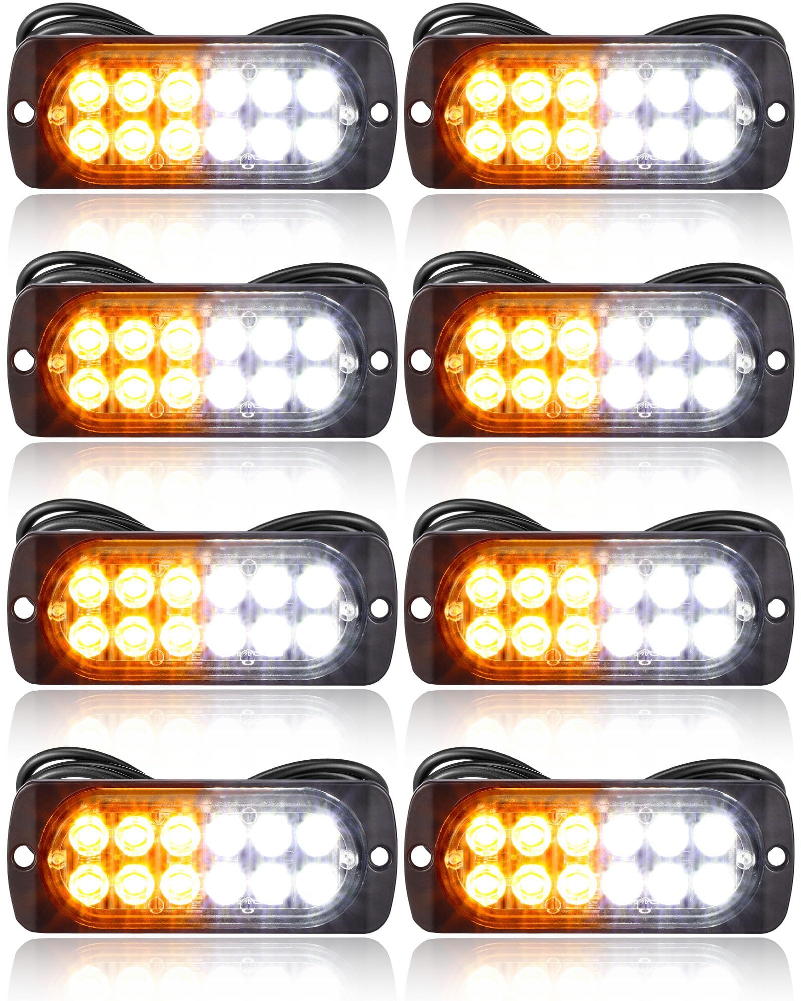 Leelosp 14 Pcs 12 LED Strobe Lights for Tow Trucks Construction Vehicles Surface Mount Emergency Hazard Beacon Safety Warning Lamps Flashing 12-24V Grille Head for Car Accessories (Amber and White)