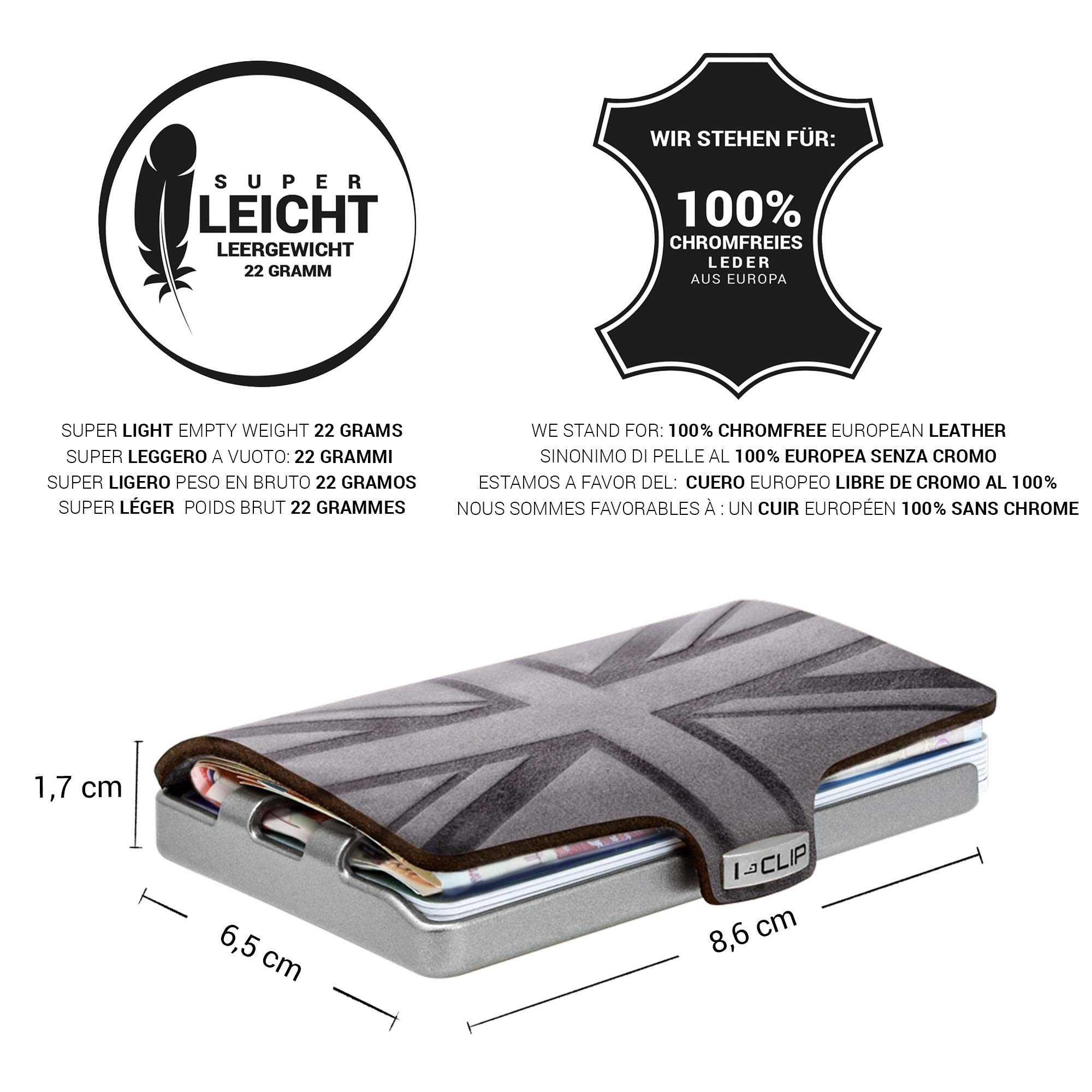 I-CLIP Original Herren Geldbörse - Slim Wallet mit Geldklammer - Mini-Portemonnaie mit Platz für bis zu 12 Karten - - Ultraleicht mit nur 22g - Union Jack Urban Grau