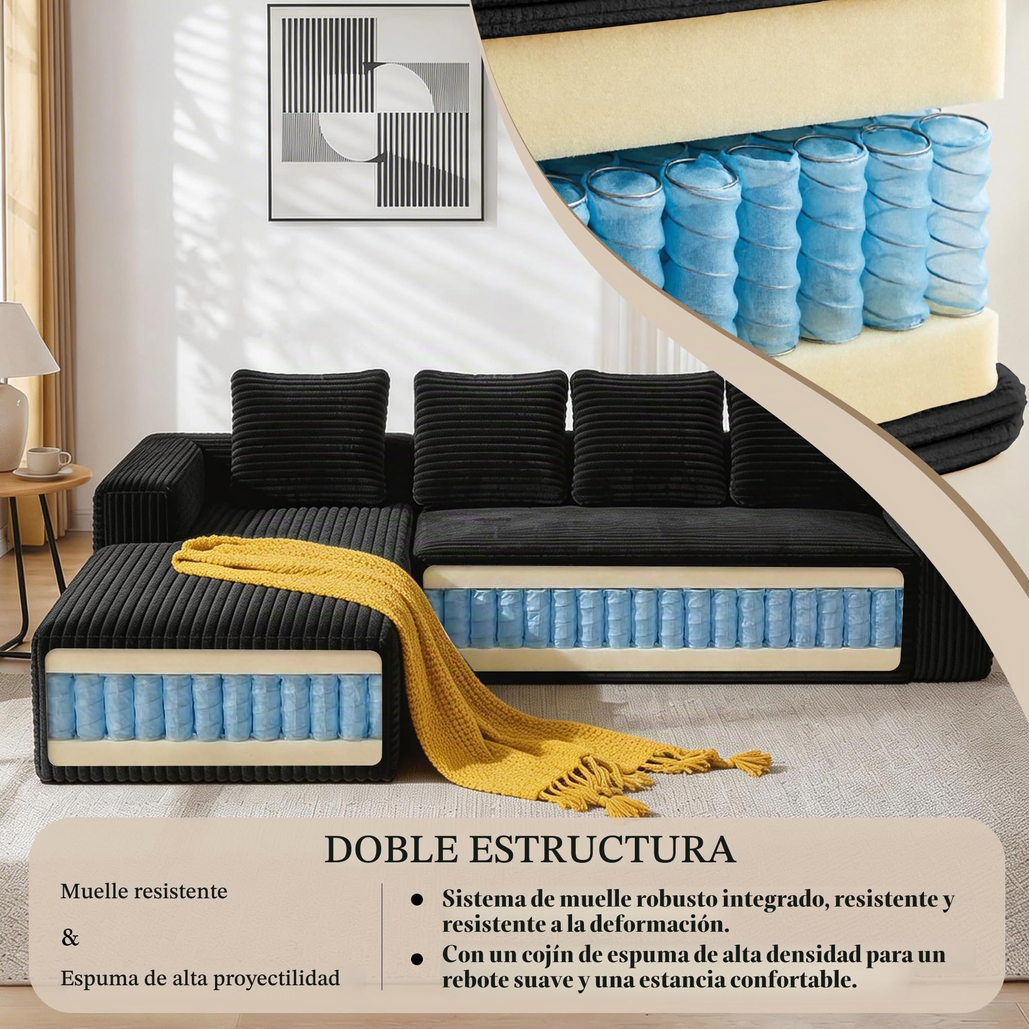 Sofá modular de 4 plazas moderno de pana con chaise longue orientada a la derecha para salón o dormitorio (B-negro)