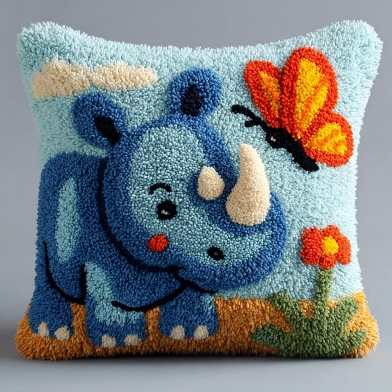 AxiangziK Latch Hook Cushion Kit 43x43cm,Rhinoceros and Butterfly Beginner Friendly Needlecraft Set,Easy Latch Hook Kit for Home Decor
