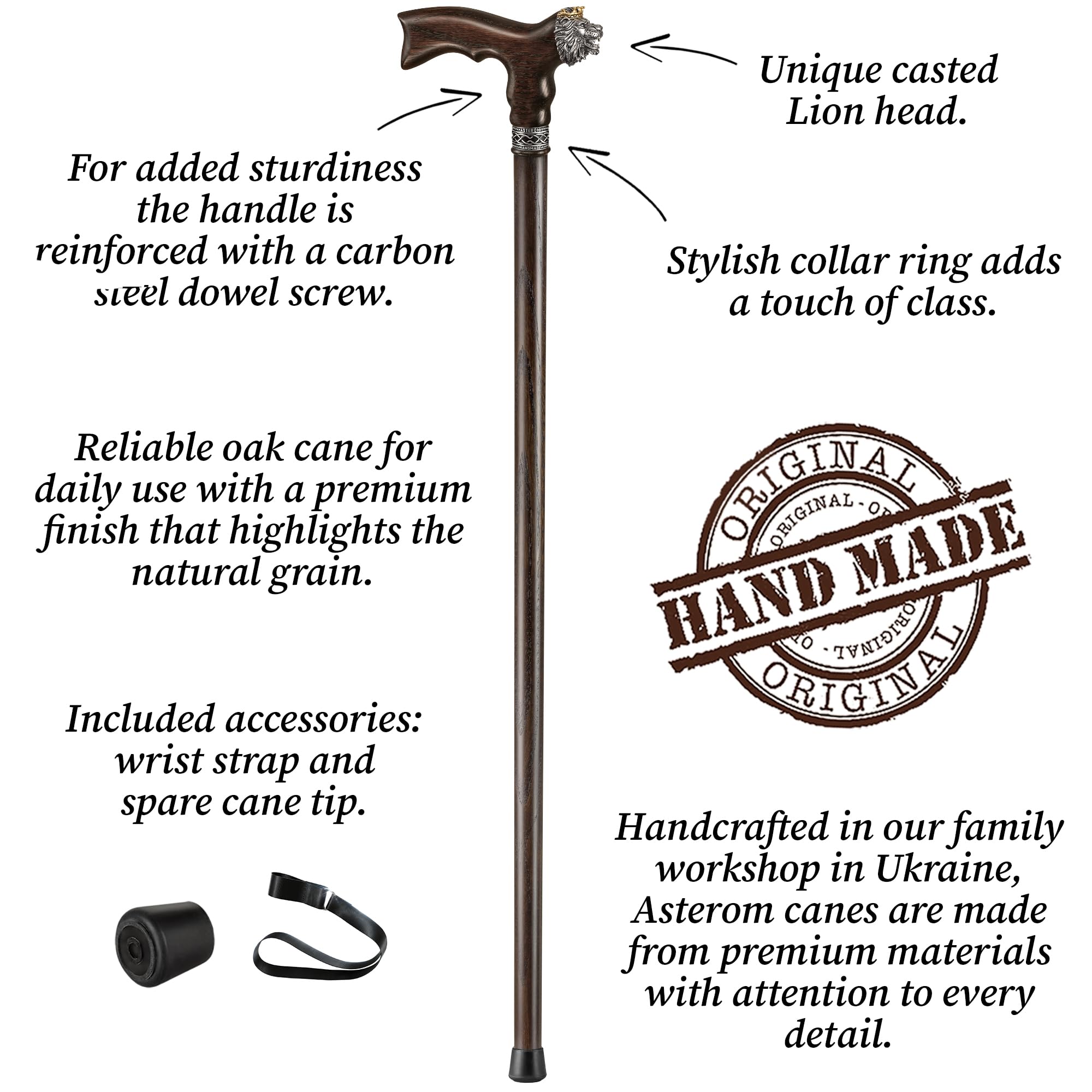 Asterom Walking Cane - Handmade Lion Canes for Men & Women - Wooden, Stylish, Cool Walking Sticks for Men, Seniors